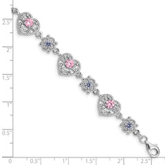 Sterling Silver Rhod-plated 7inch Pink and Clear CZ Heart Bracelet