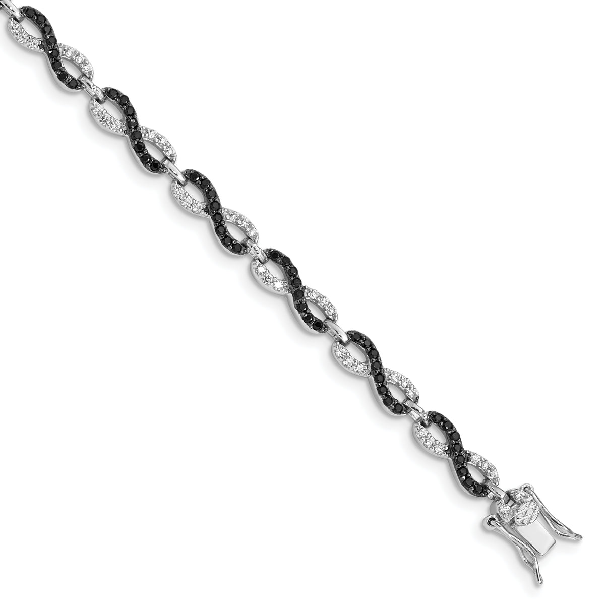 Sterling Silver Rhod-plated 7.5in Black/White CZ Infinity Bracelet