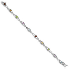 Sterling Silver 7in Rhod Plated Multicolored Gemstone Link Bracelet