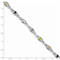 Sterling Silver 7in Rhod Plated Multicolored Gemstone Link Bracelet