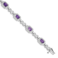 Sterling Silver Rhodium-plated Diamond & Amethyst Bracelet