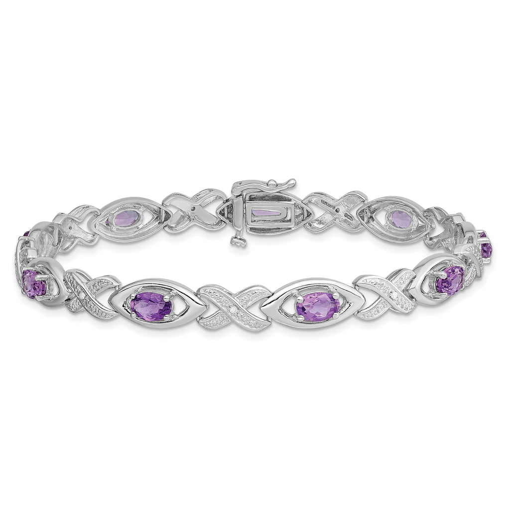 Sterling Silver Rhodium-plated Diamond & Amethyst Bracelet