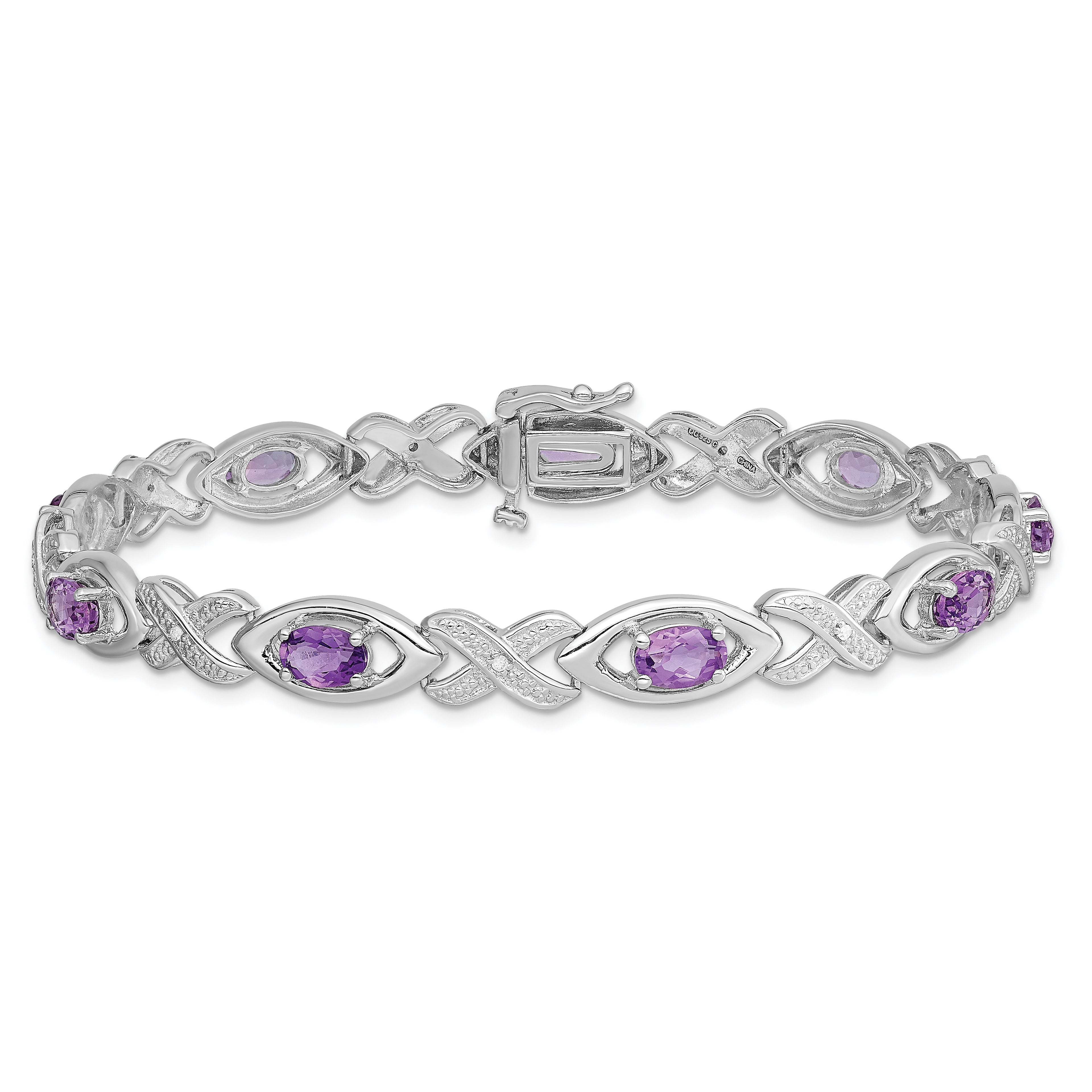 Sterling Silver Rhodium-plated Diamond & Amethyst Bracelet