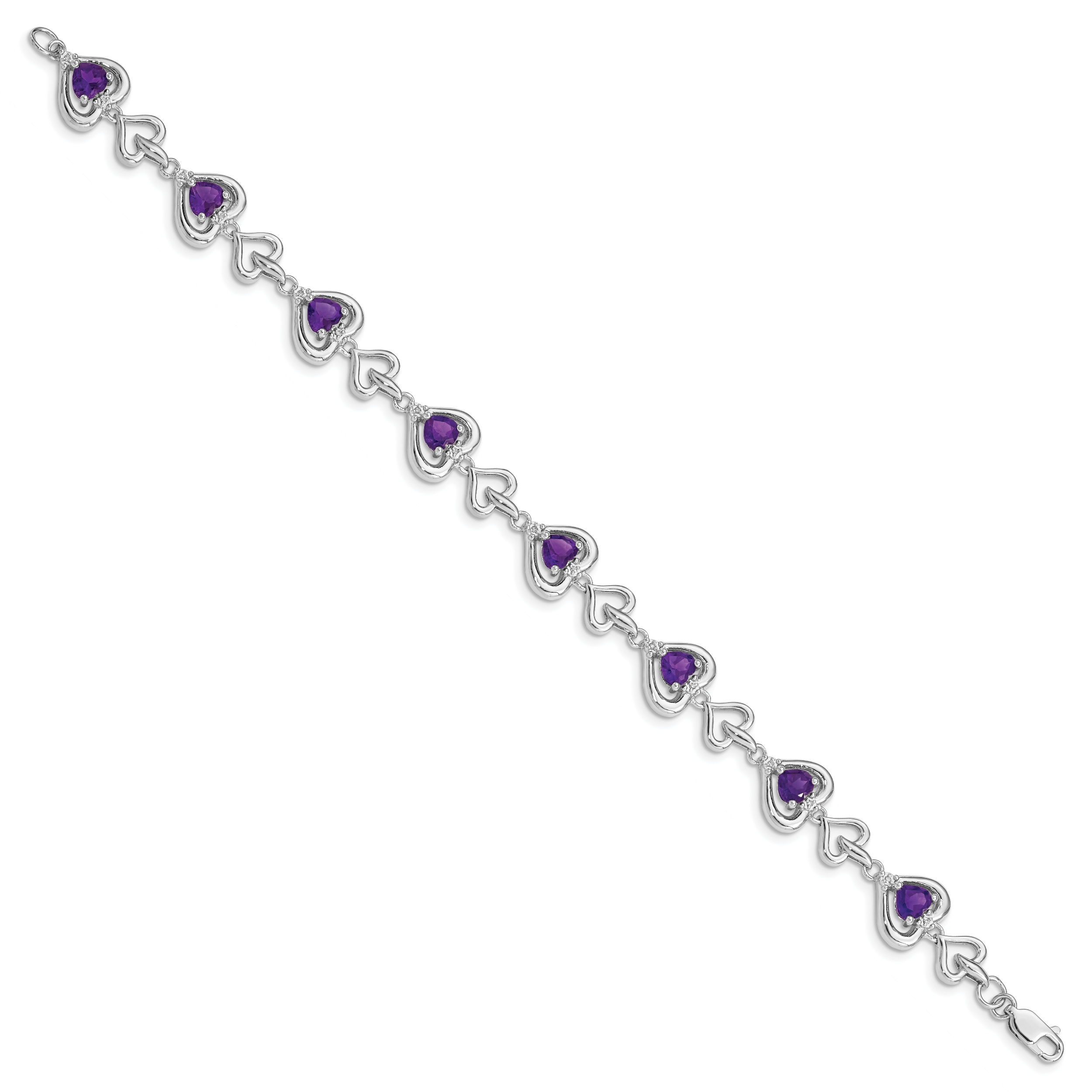 Sterling Silver Rhodium-plated Diamond & Heart Link Amethyst Bracelet Secondary image