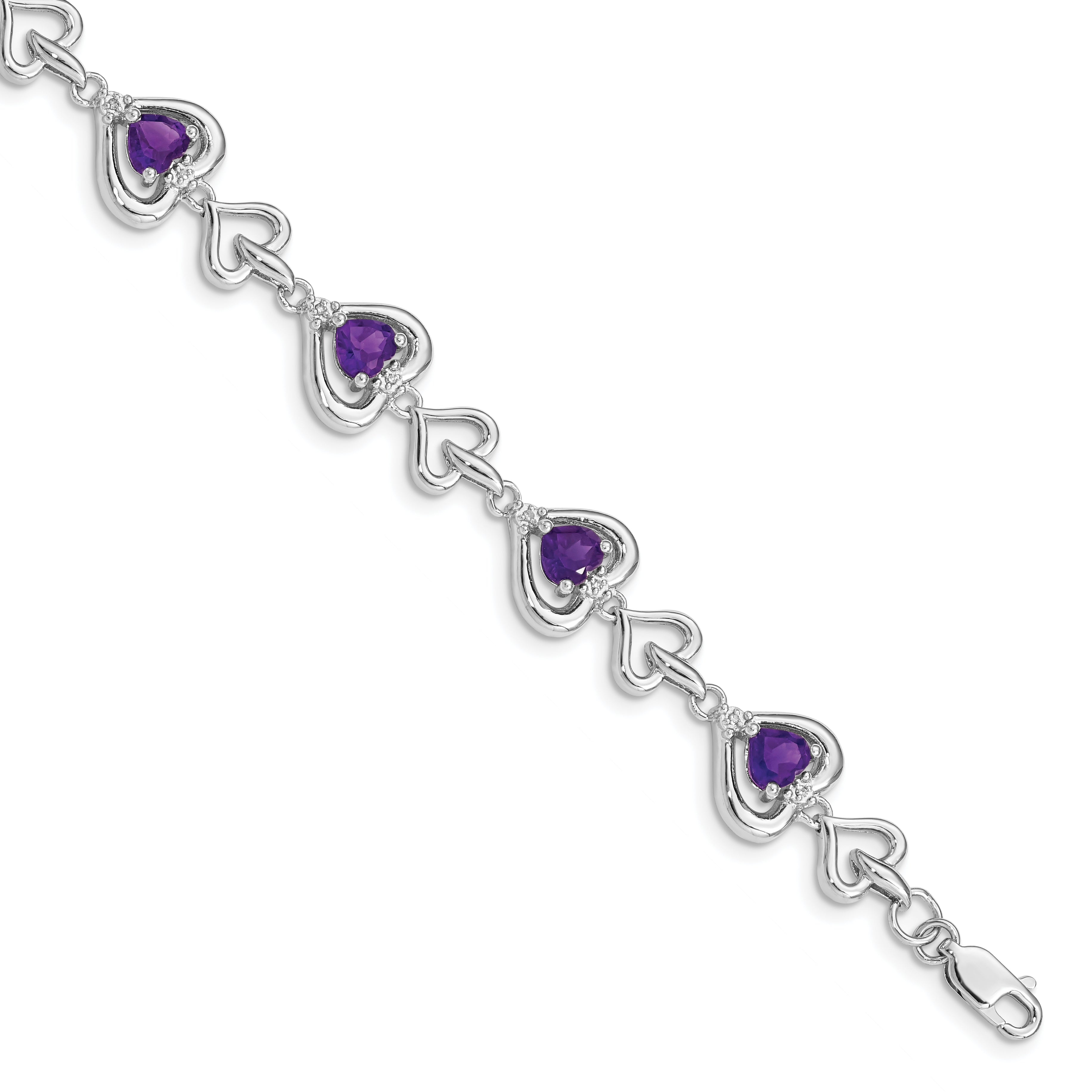 Sterling Silver Rhodium-plated Diamond & Heart Link Amethyst Bracelet Main image