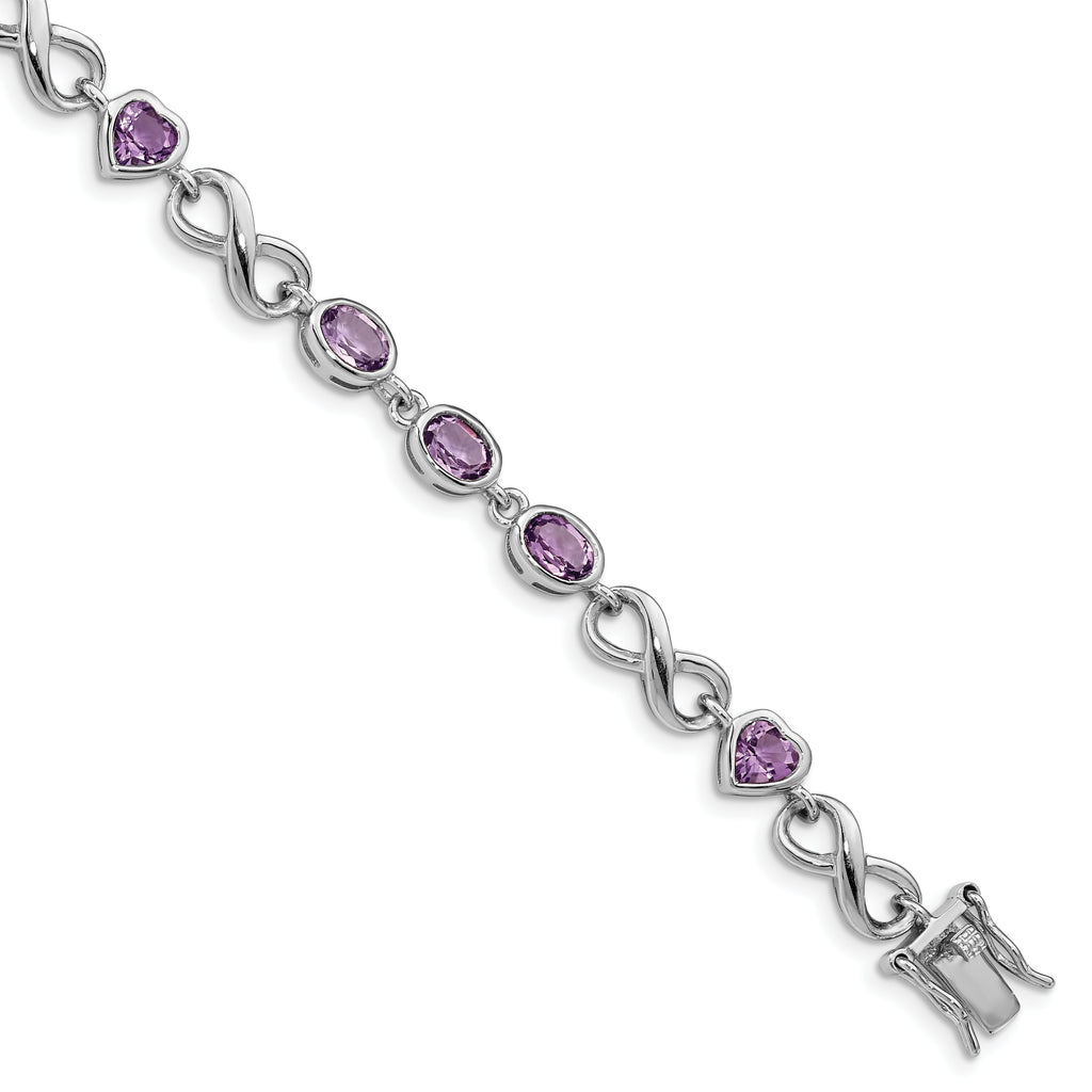 Sterling Silver Rhodium-plated Oval Heart Amethyst Bracelet