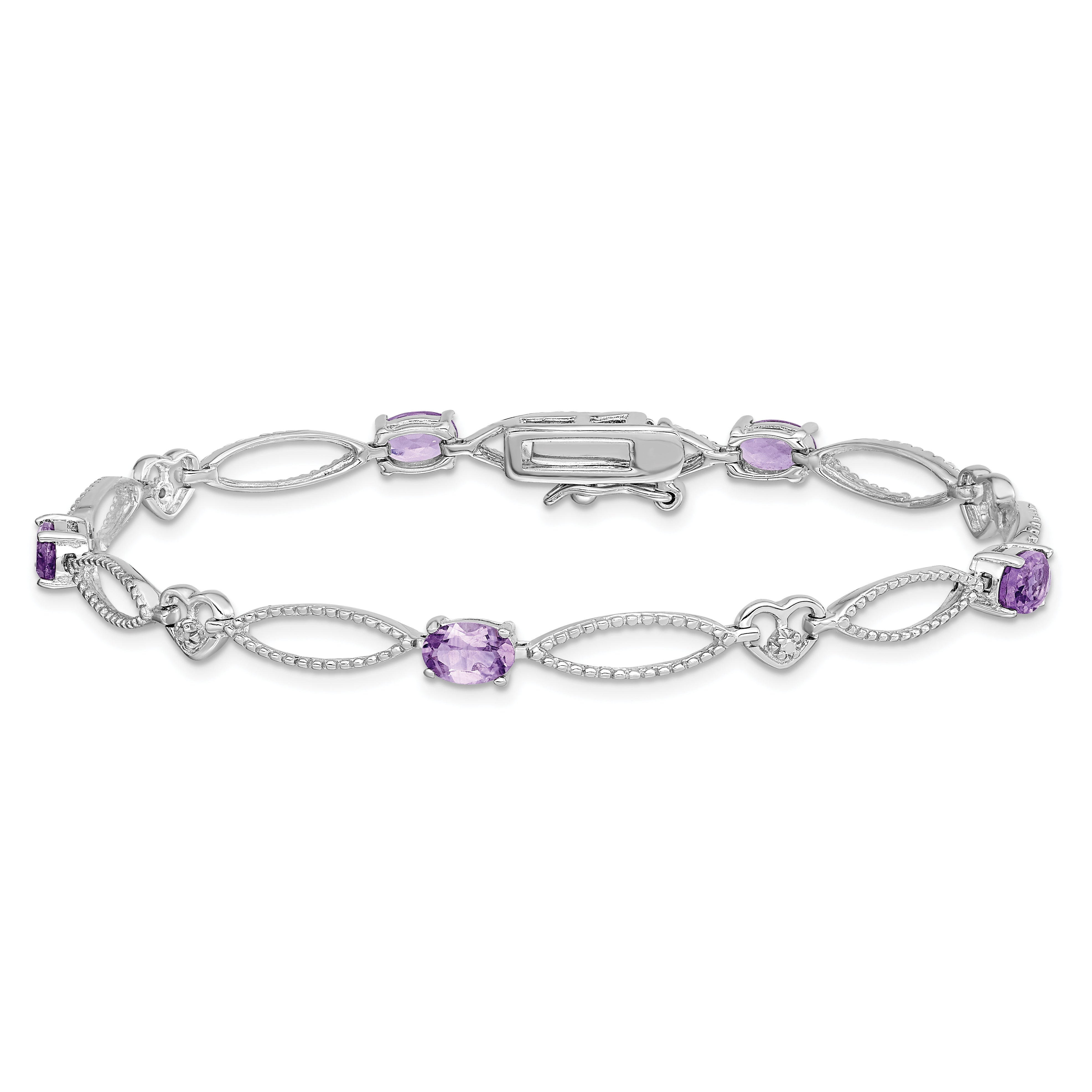 Sterling Silver Rhodium-plated Diamond & Amethyst Oval D/C Bracelet