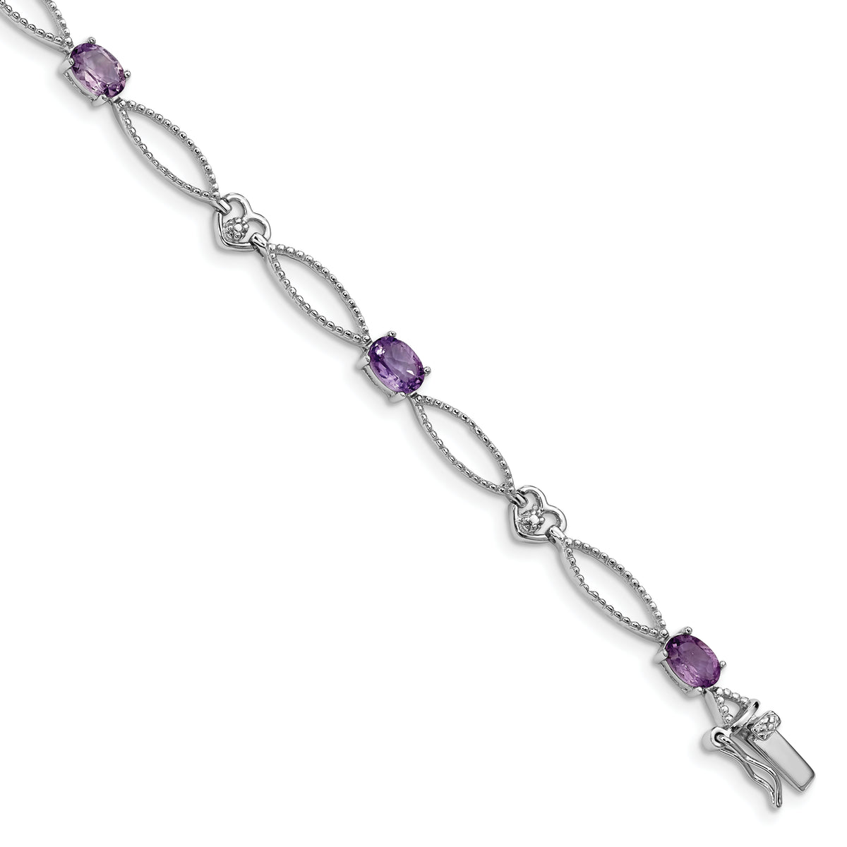 Sterling Silver Rhodium-plated Diamond & Amethyst Oval D/C Bracelet