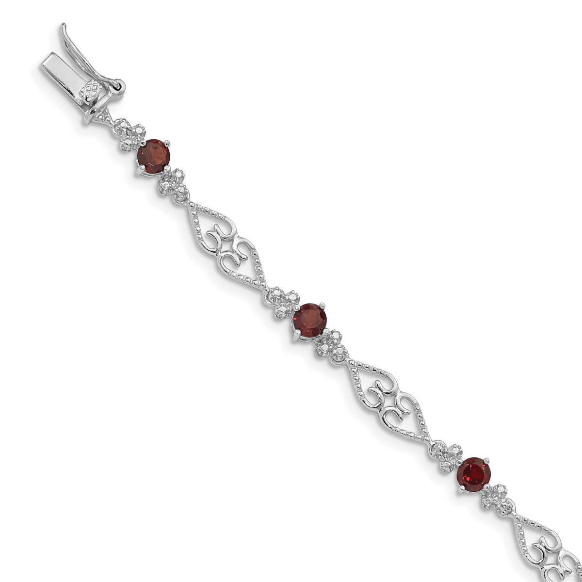 Sterling Silver Rhodium-plated Diamond Garnet Bracelet