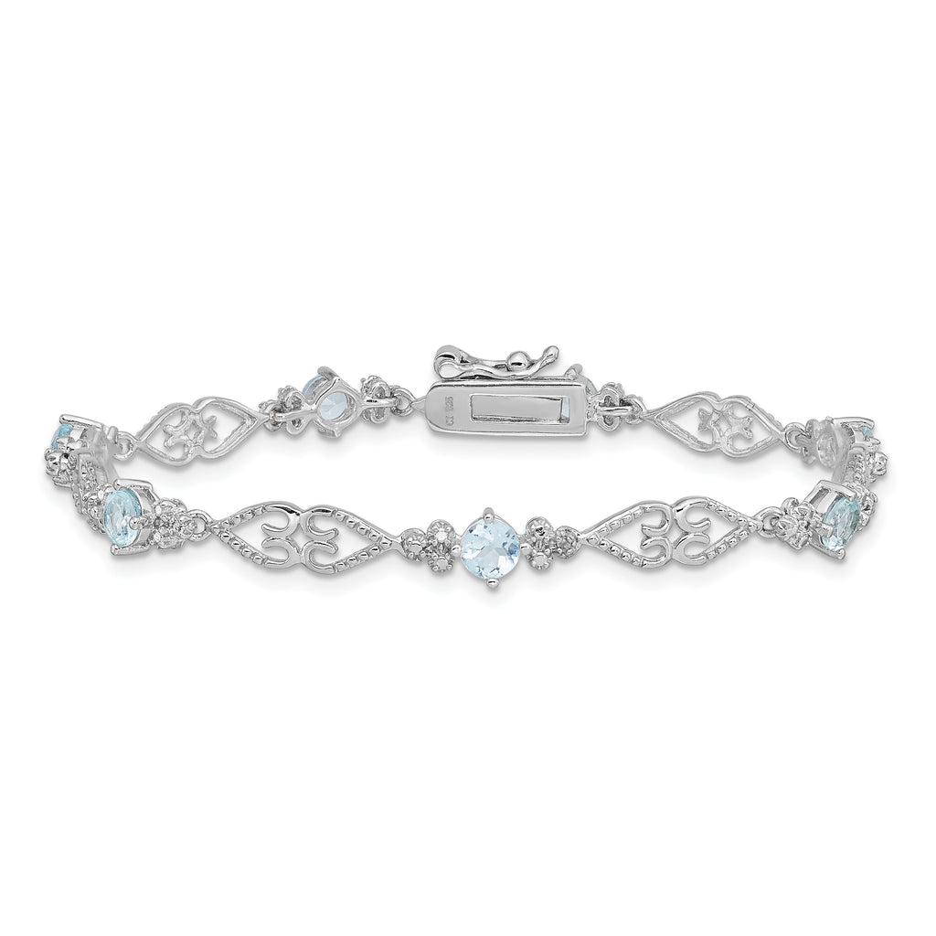 Sterling Silver Rhodium-plated Diamond Aquamarine Bracelet