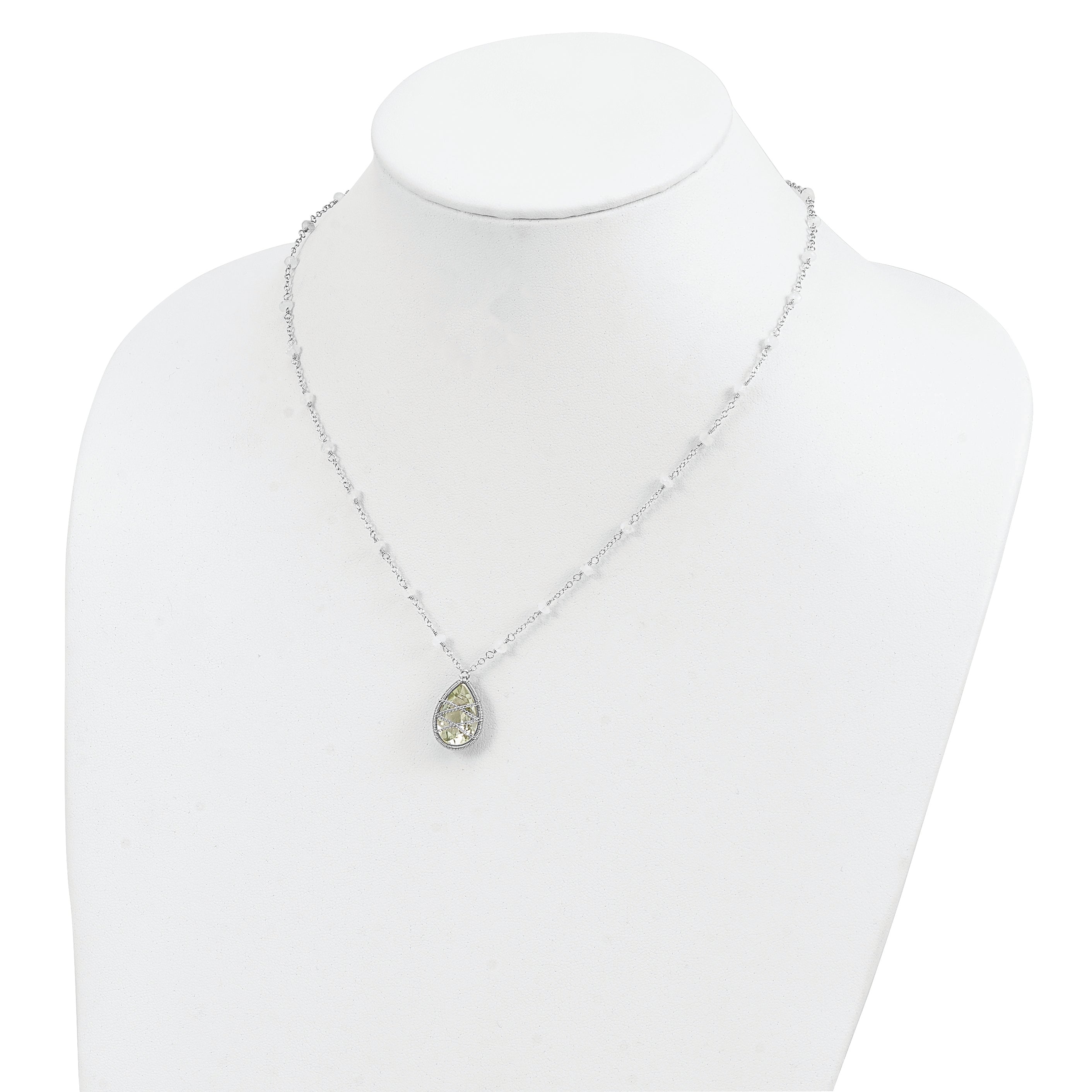 Sterling Silver Green Quartz & Moonstone Necklace with Rhodium Finish