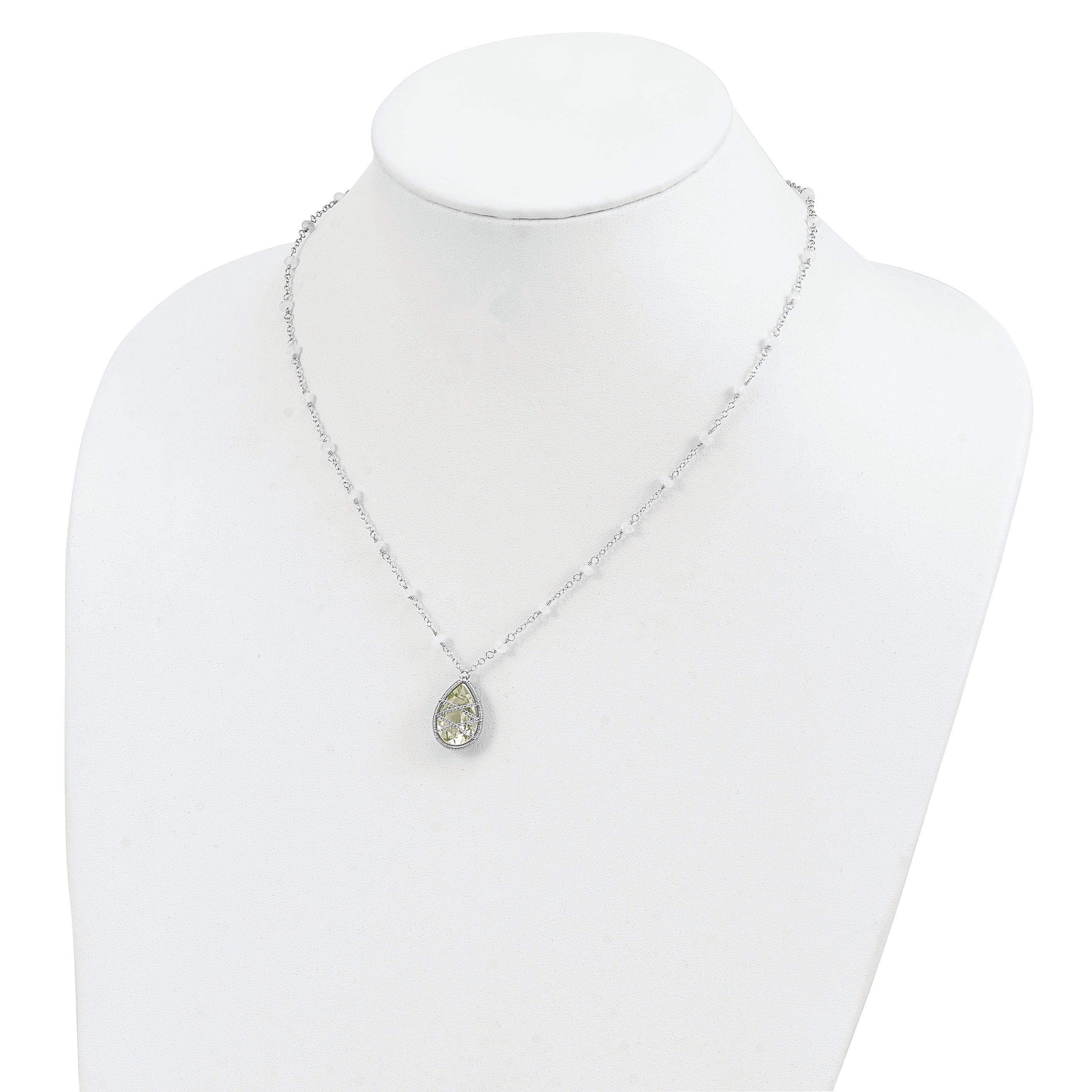 Sterling Silver Rhodium Green Quartz & Rnbow Moonstone 18in Necklace
