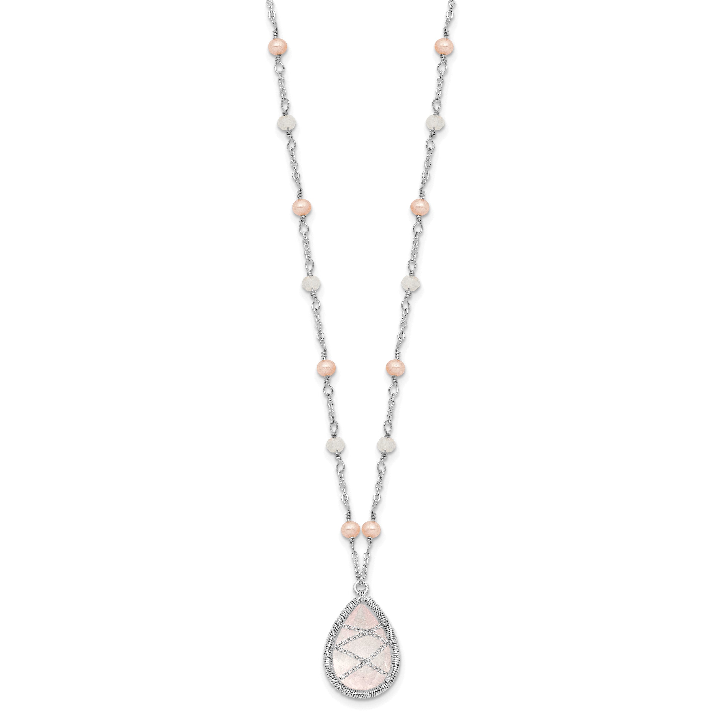 Sterling Silver Rose Quartz & Pearl Necklace with Rhodium Polished Finish