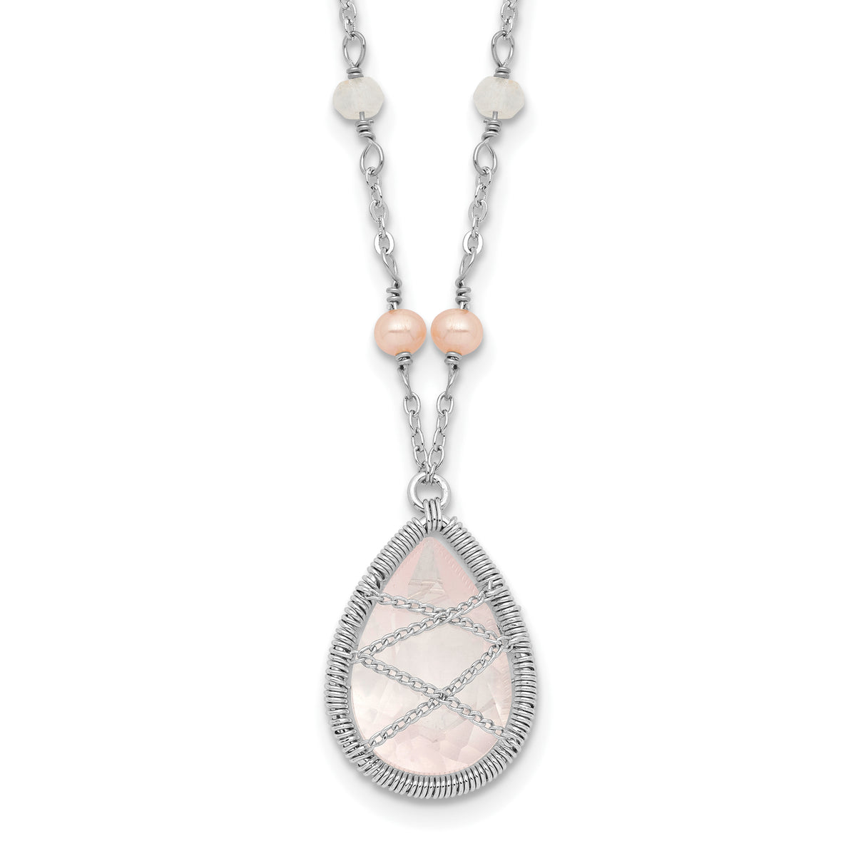 Sterling Silver Rhodium 18in Rose Quartz & FW Cltrd Pearl W/1.5 Necklace