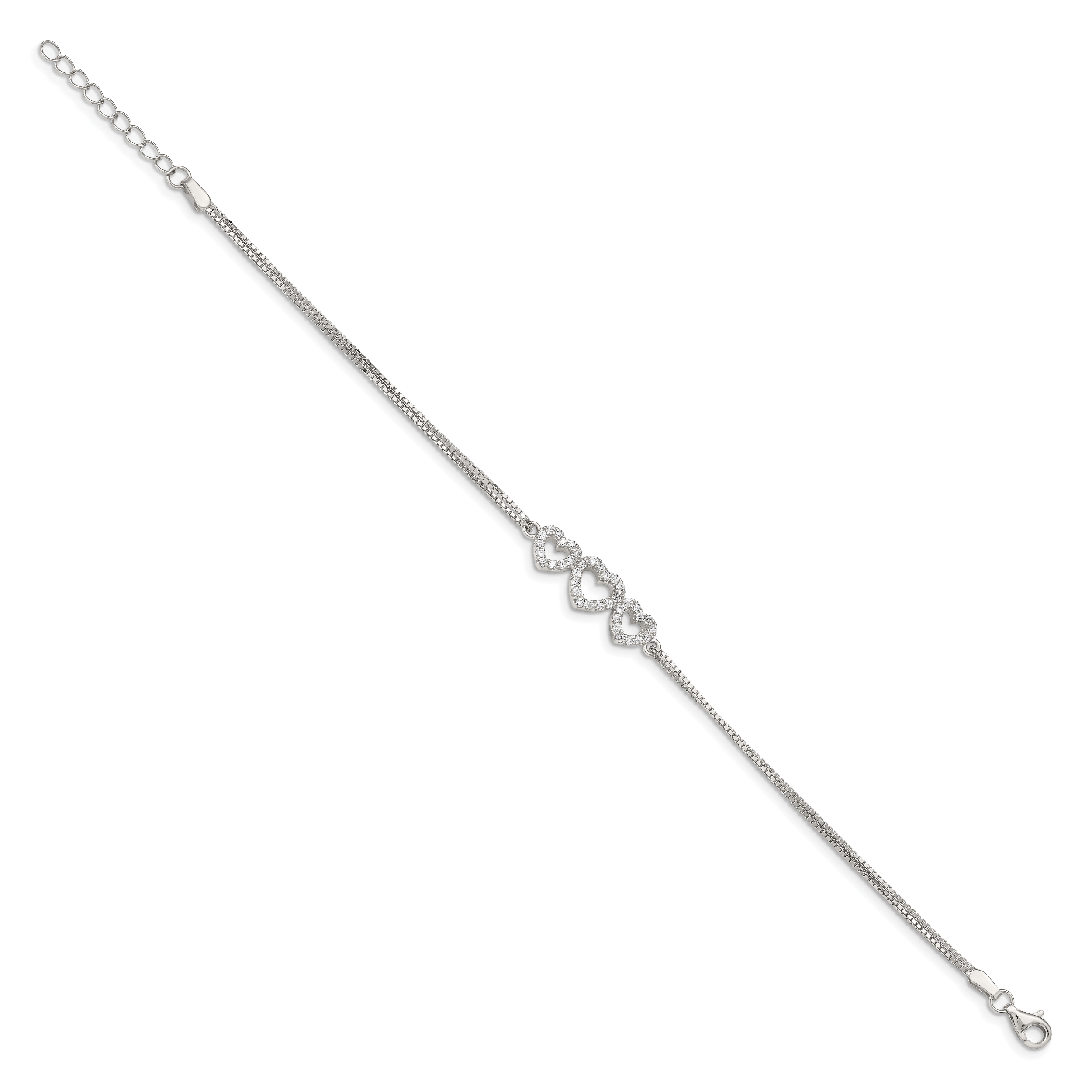 Sterling Silver Rhodium-plated Polished Three Linked CZ Open Hearts 7 inch Bracelet with 1 inch extension Secondary image