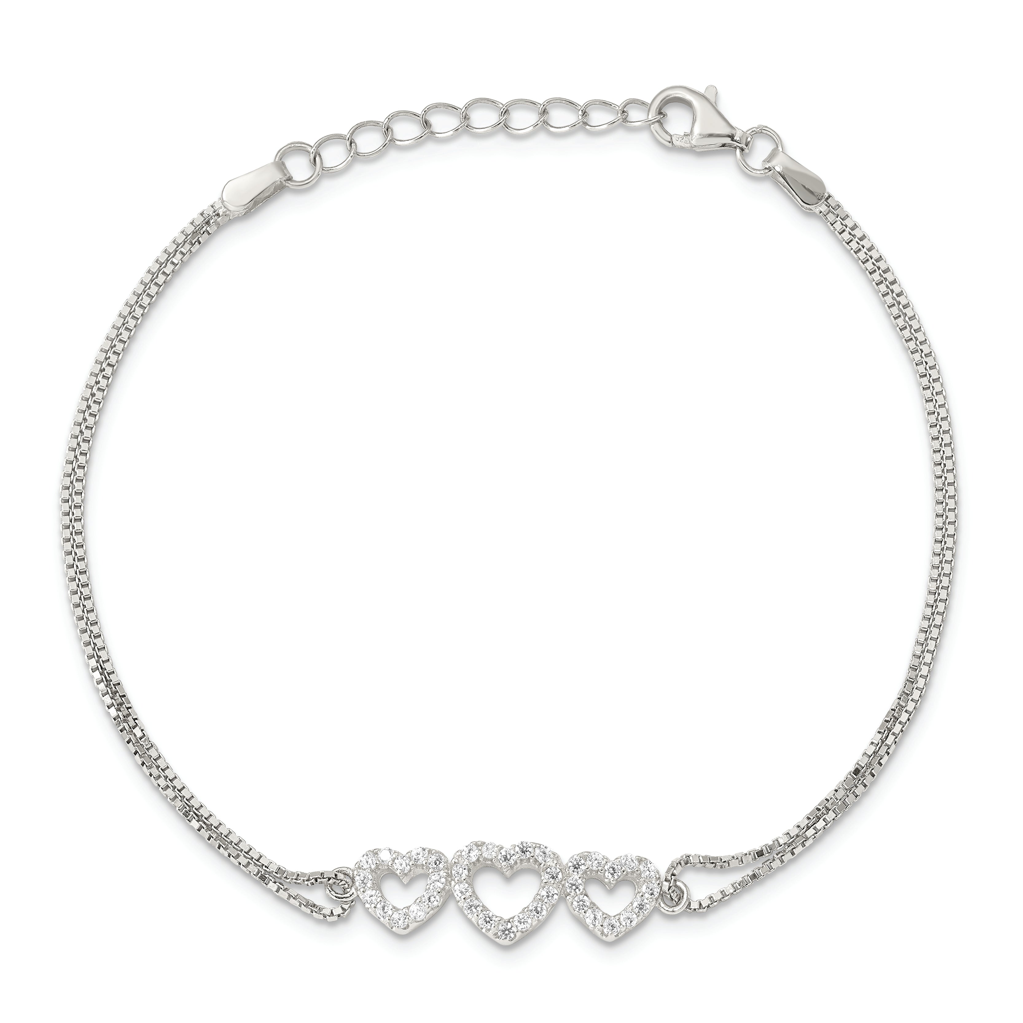 Sterling Silver Rhodium-plated Polished Three Linked CZ Open Hearts 7 inch Bracelet with 1 inch extension