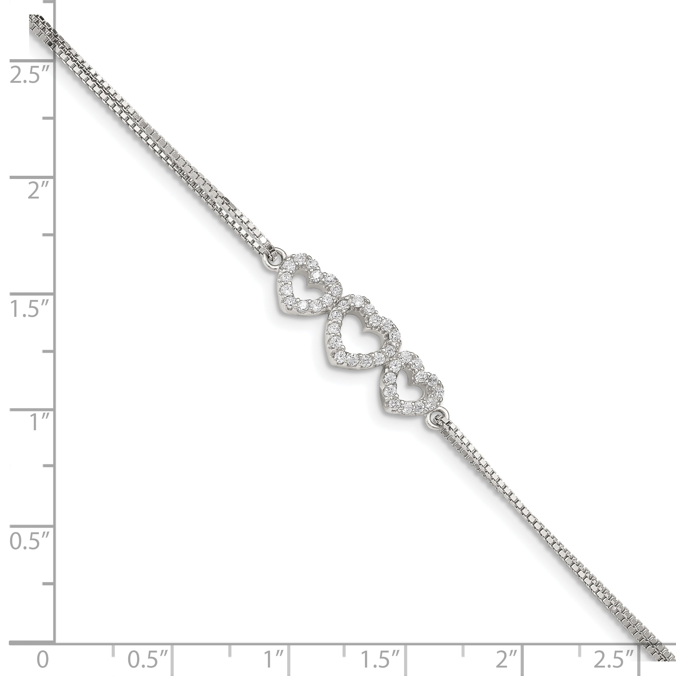 Sterling Silver Rhodium-plated Polished Three Linked CZ Open Hearts 7 inch Bracelet with 1 inch extension