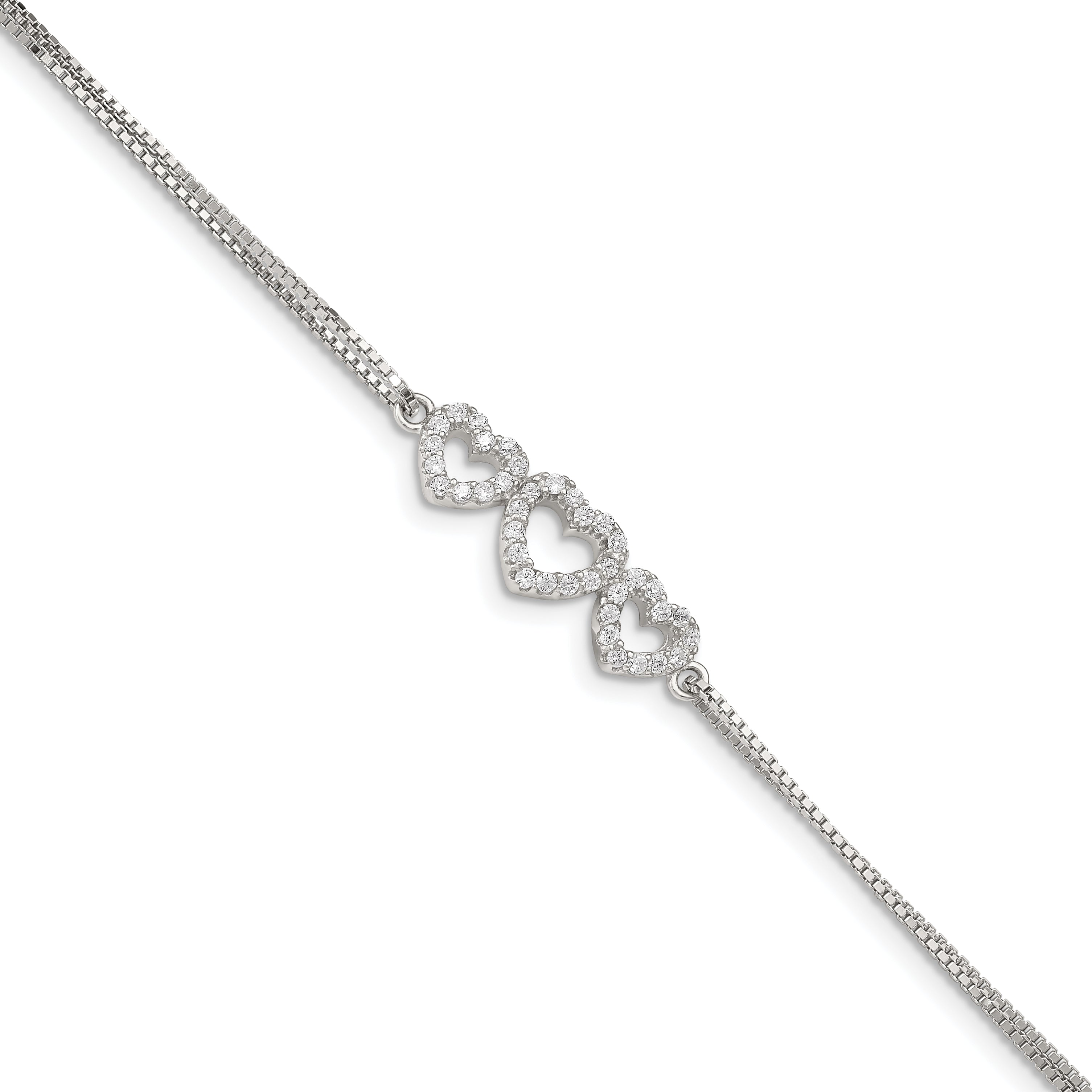 Sterling Silver Rhodium-plated Polished Three Linked CZ Open Hearts 7 inch Bracelet with 1 inch extension Main image