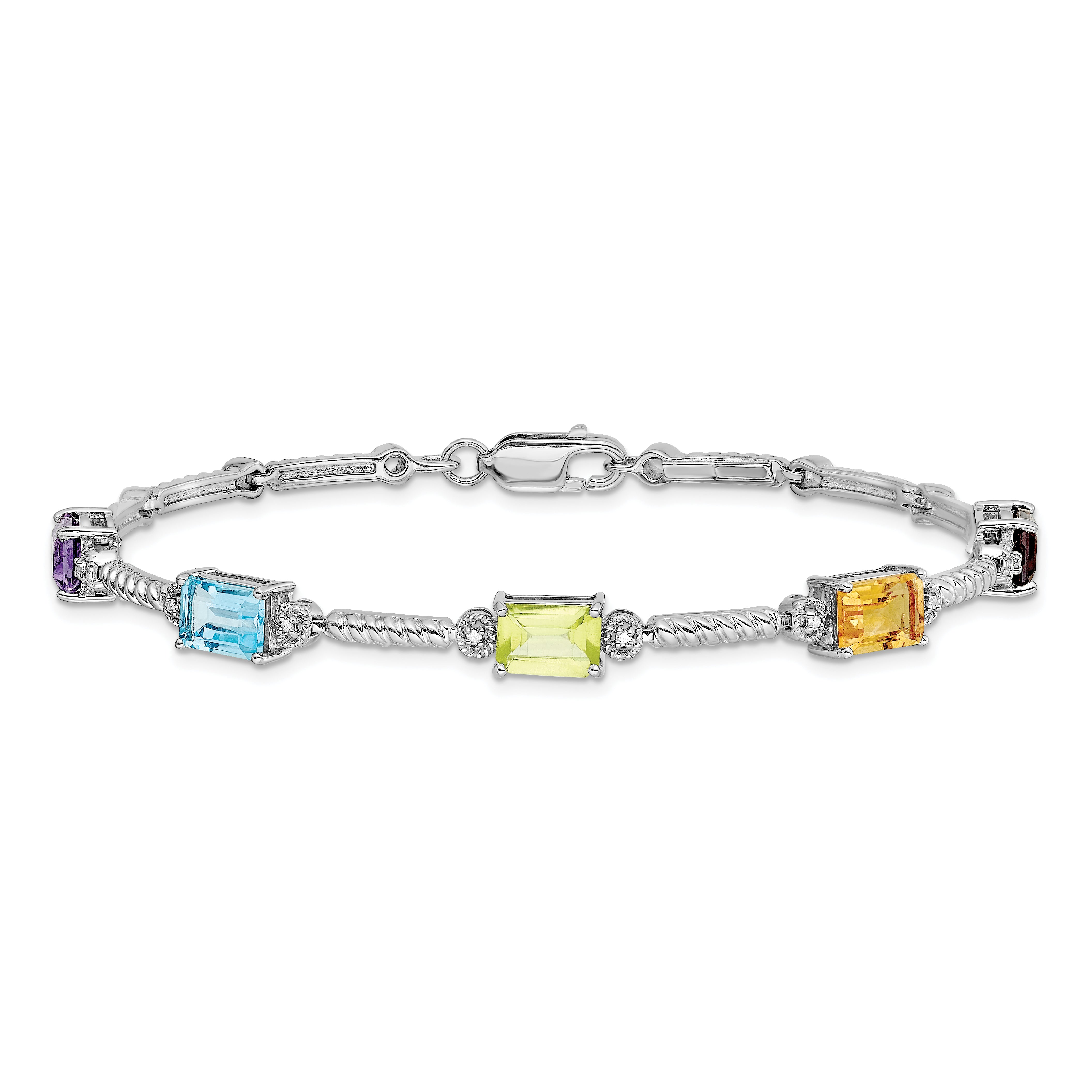 Sterling Silver Rhodium-plated Multi Gemstone & Diamond Tennis Bracelet