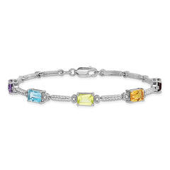 Sterling Silver Rhodium-plated Multi Gemstone & Diamond Tennis Bracelet