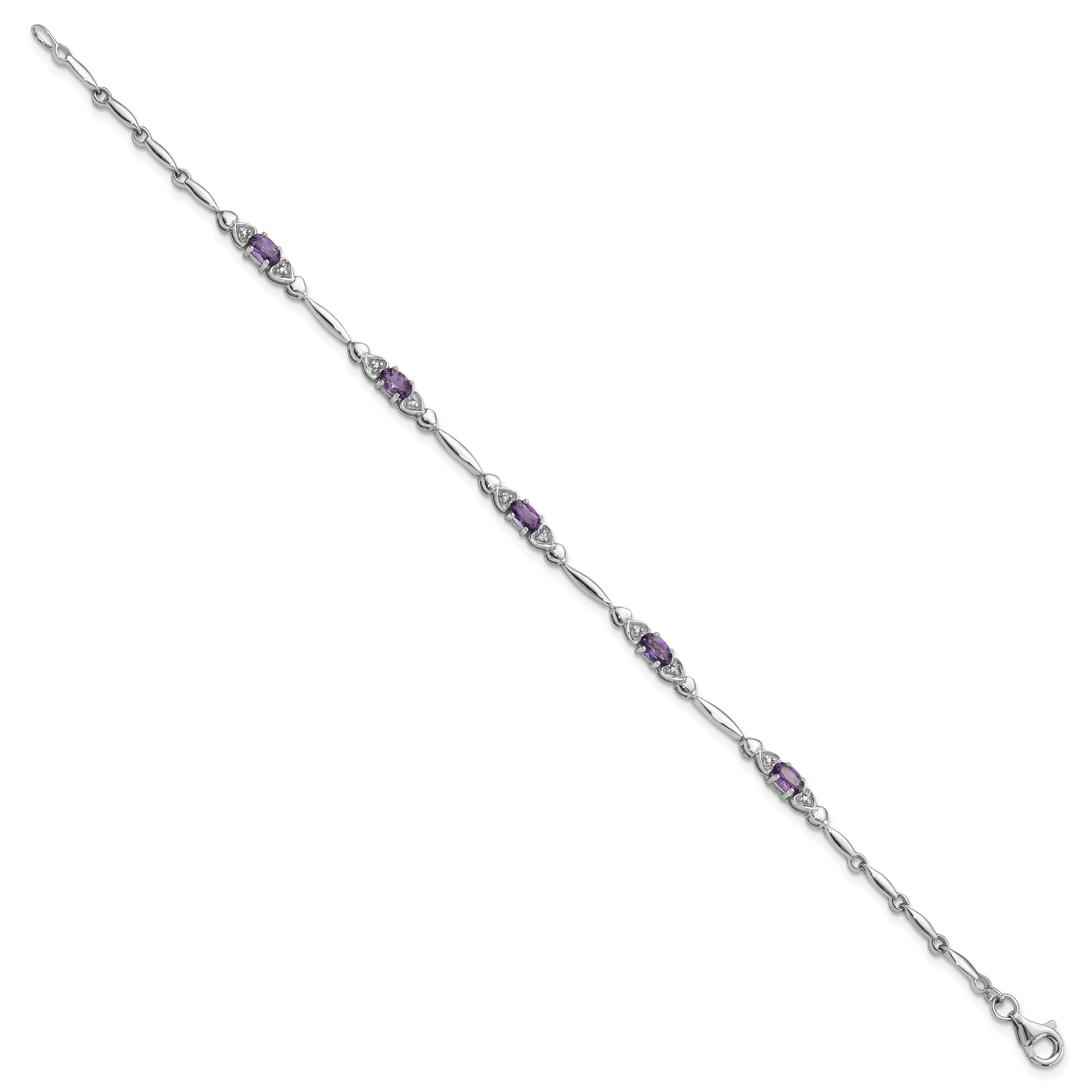 SS Rhodium-plated Amethyst and Diamond Heart 7.5in Bracelet