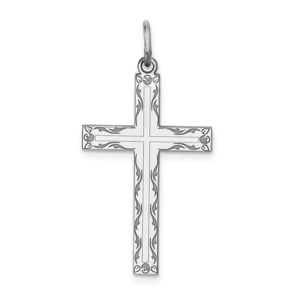 Sterling Silver Rhodium-plated Laser Designed Cross Pendant