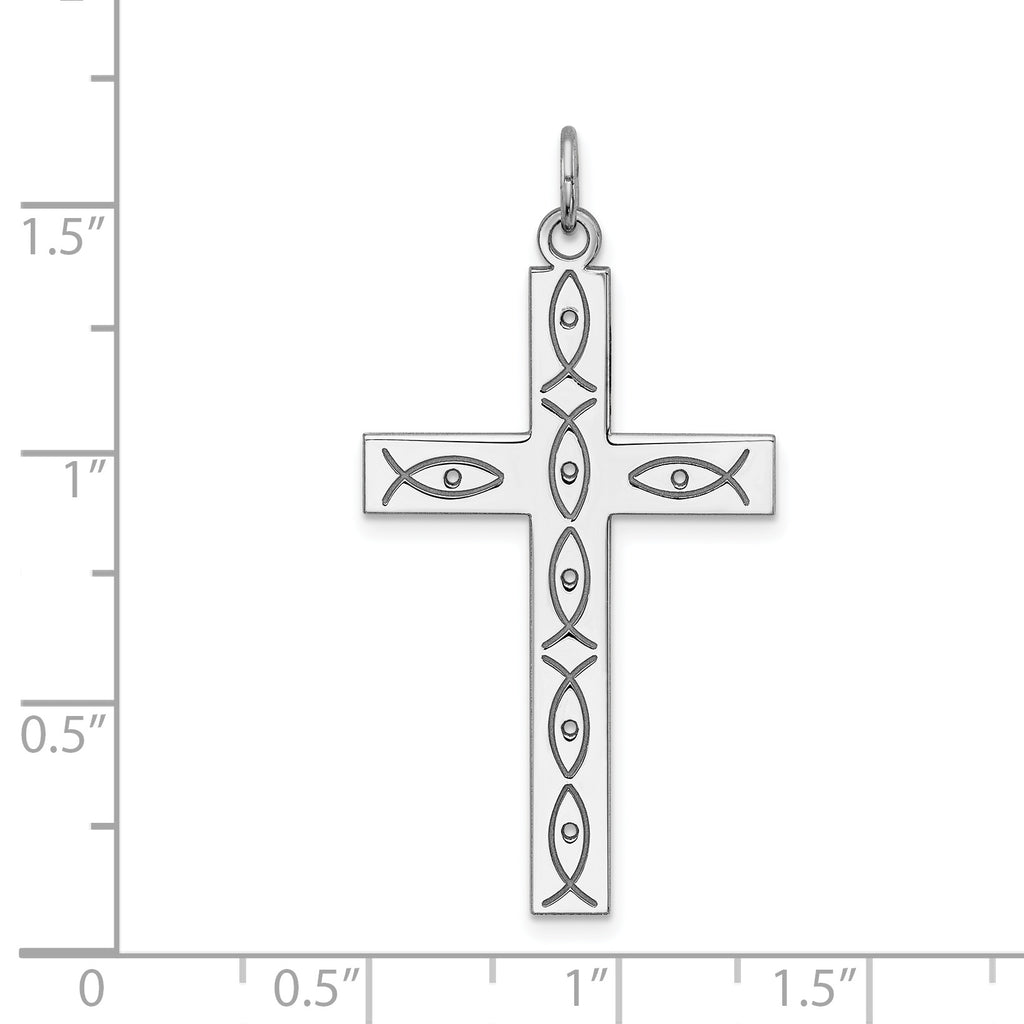 Sterling Silver Rhodium-plated Laser Designed Cross Pendant