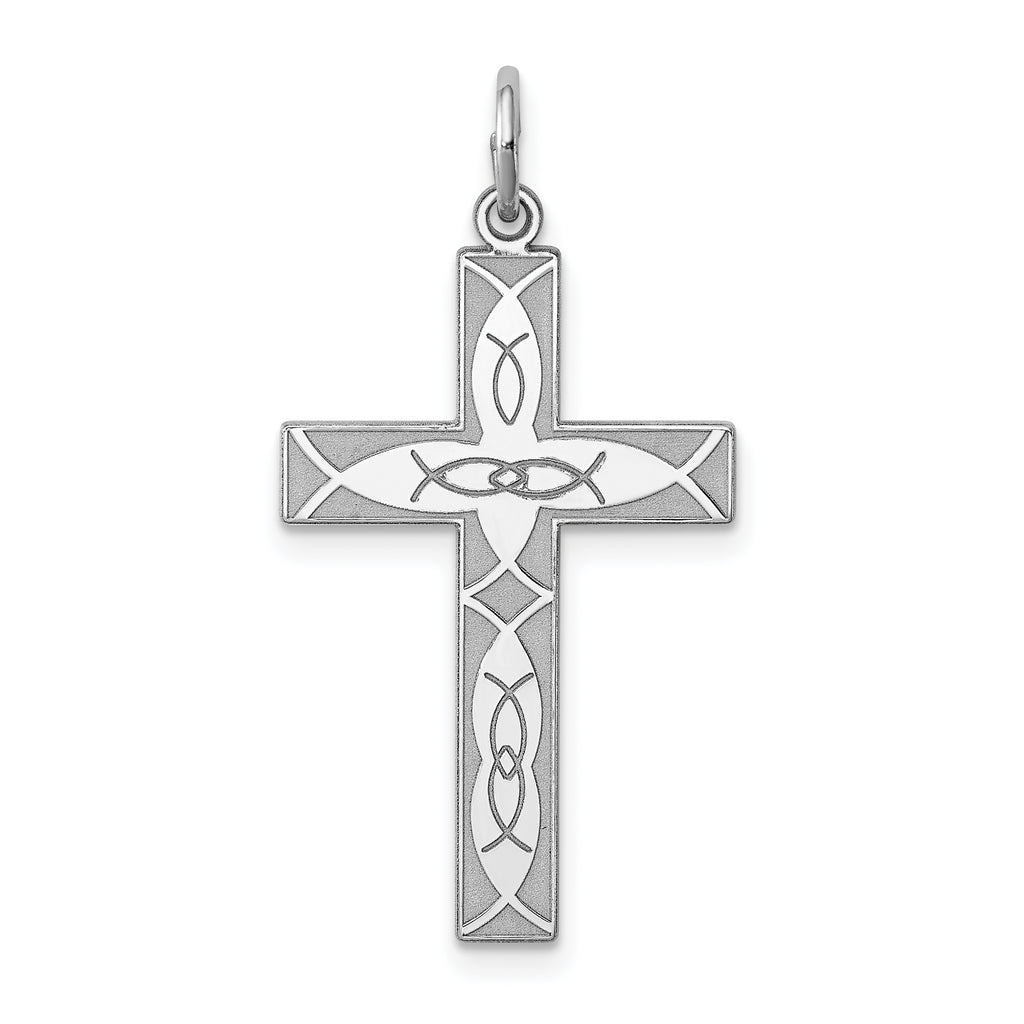 Sterling Silver Rhodium-plated Laser Designed Cross Pendant