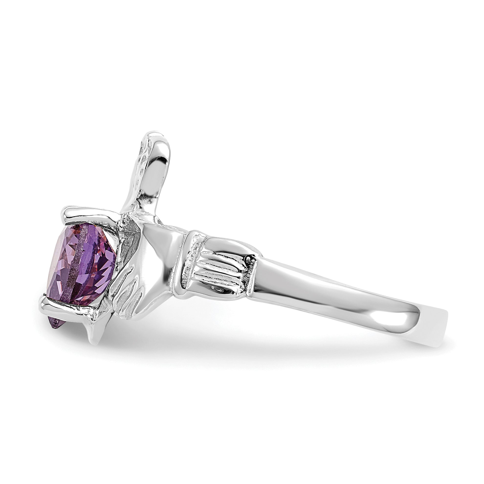 14k White Gold February CZ Birthstone Claddagh Ring - 5