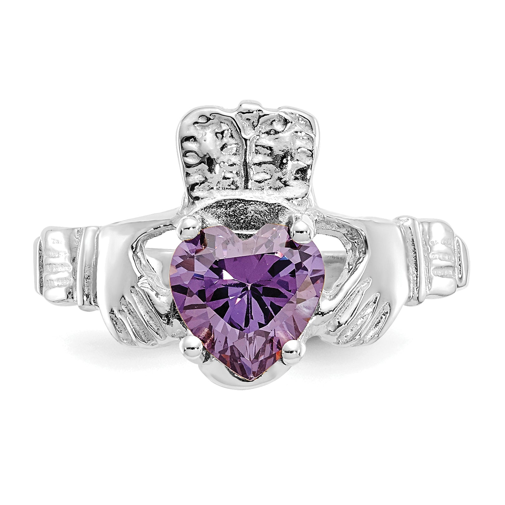 14k White Gold February CZ Birthstone Claddagh Ring - 5