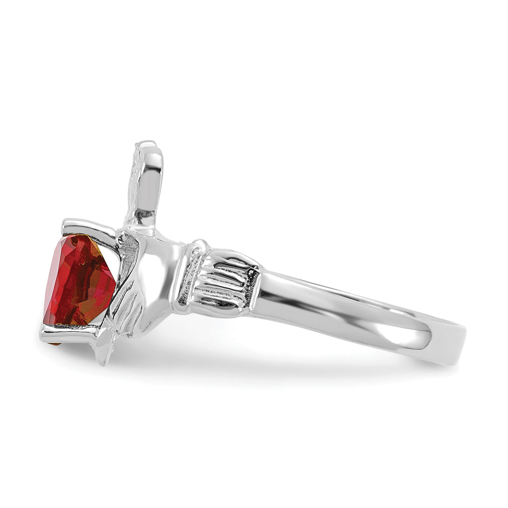 14k White Gold July CZ Birthstone Claddagh Ring