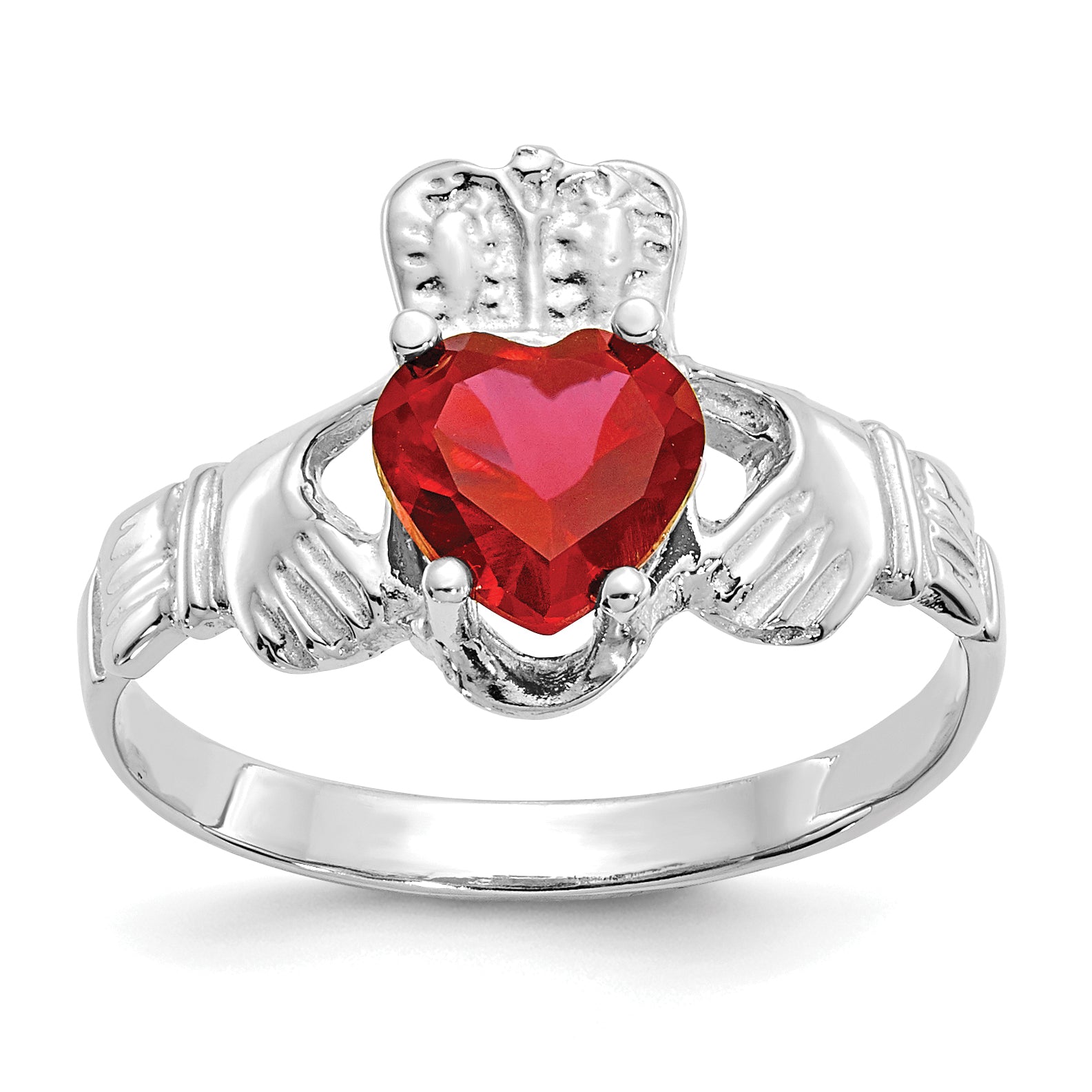 14k White Gold July CZ Birthstone Claddagh Ring Main image