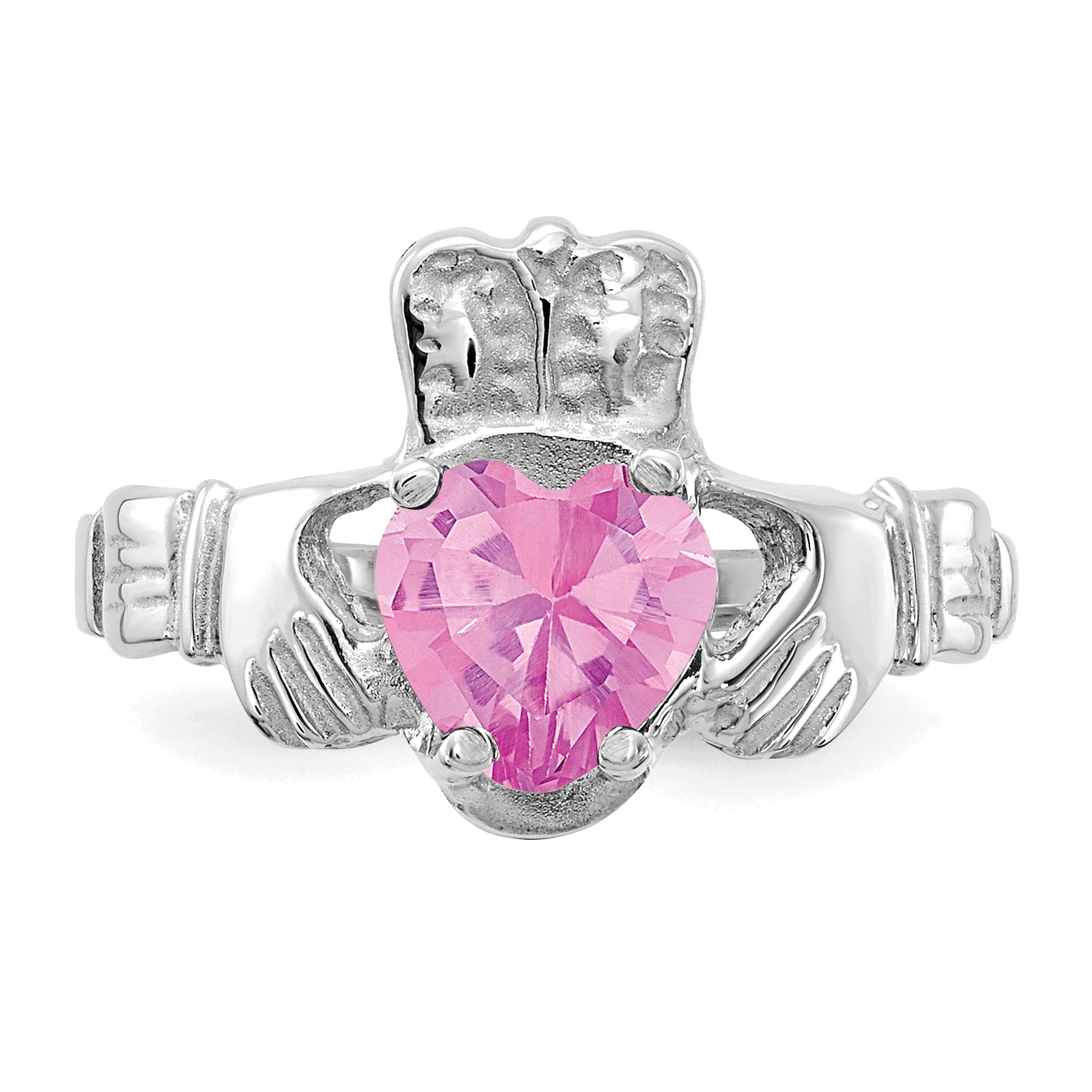 14k White Gold October CZ Birthstone Claddagh Ring
