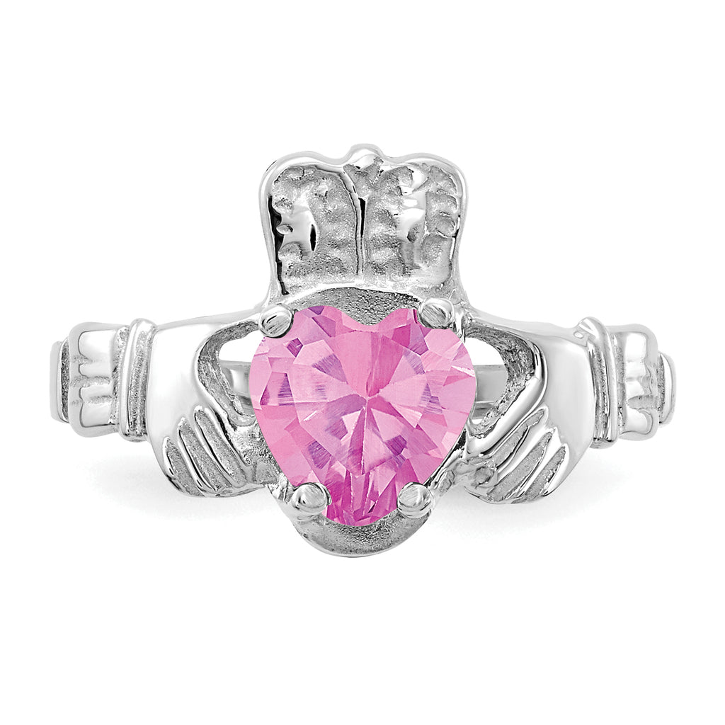 14k White Gold October CZ Birthstone Claddagh Ring