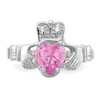 14k White Gold October CZ Birthstone Claddagh Ring