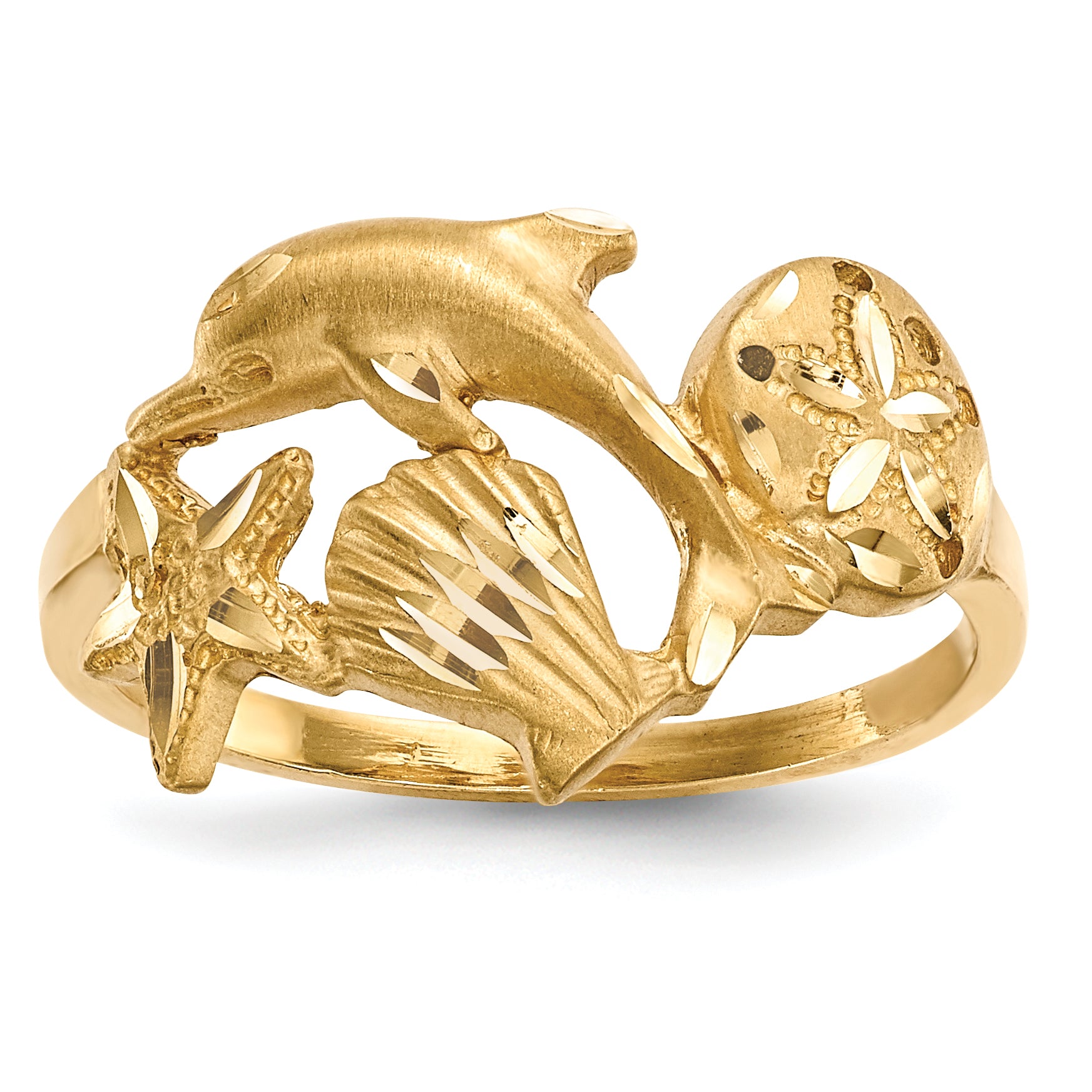 14k Polished and Satin Diamond-cut Dolphin Starfish Shell Sand Dollar Ring Main image