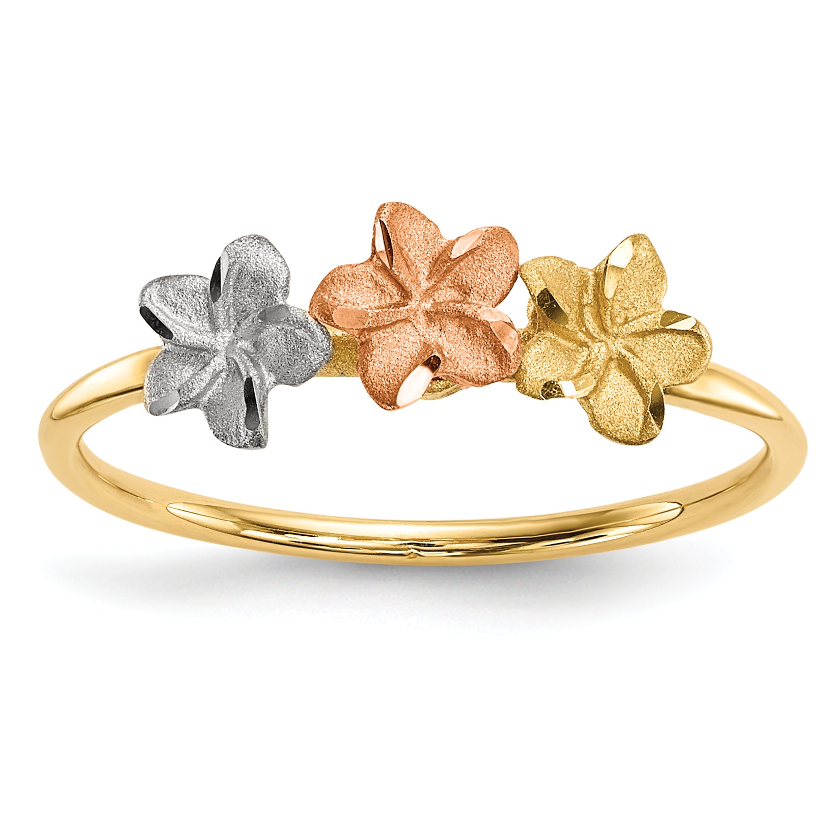 14k Two-tone WithWhite Rhodium Polished and Satin 3 Flower Ring Main image