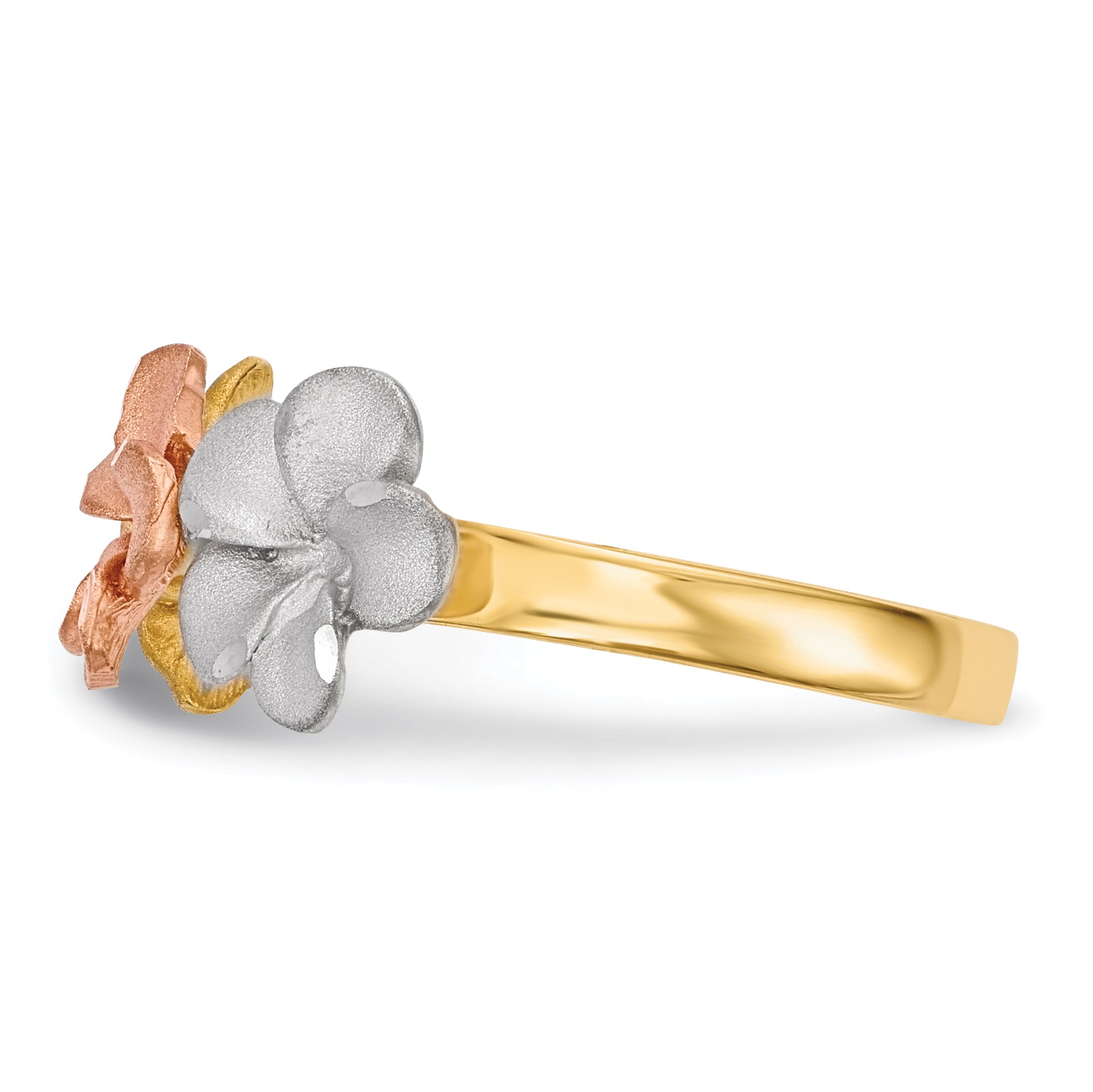 14k Two-tone WithWhite Rhodium Satin D/C 3-Plumerias Ring Secondary image