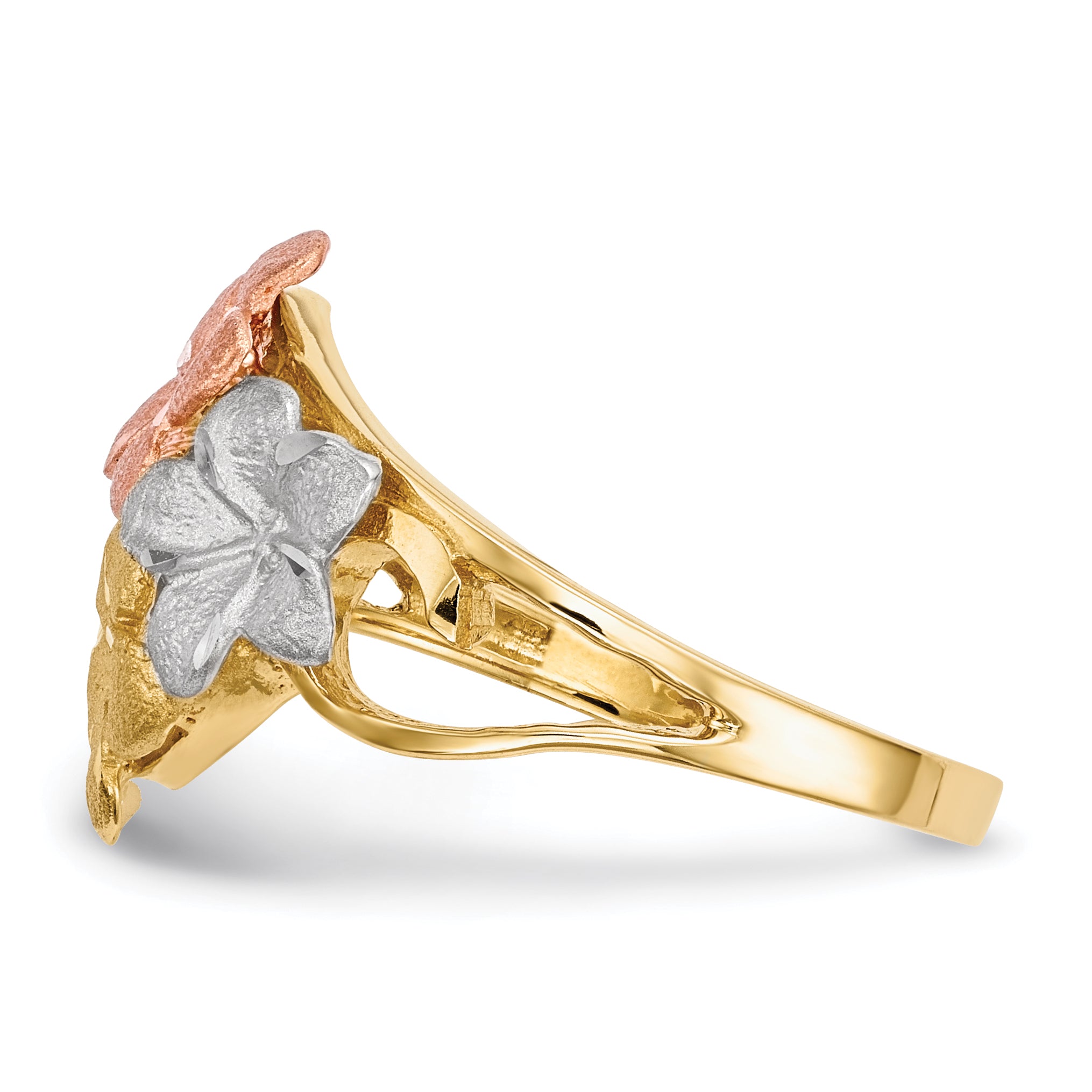 14k Two-tone WithWhite Rhodium Polished & Satin D/C 4-Plumeria Ring Secondary image