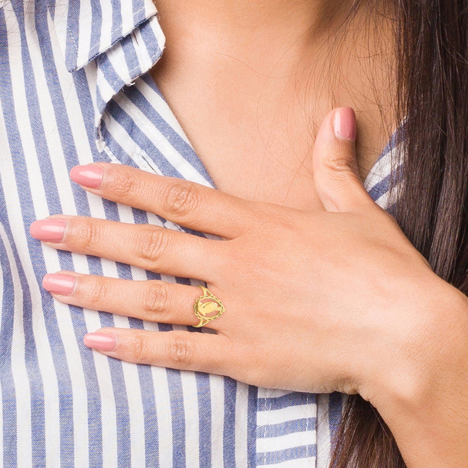 14K Polished Praying Hands and Cross Ring