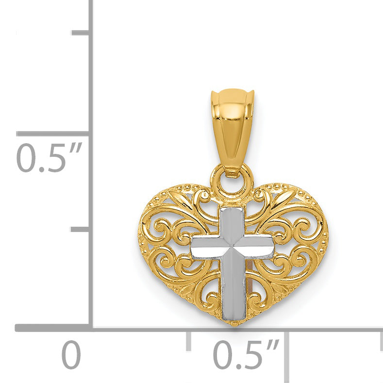 14K With Rhodium Cross in Heart Pendant