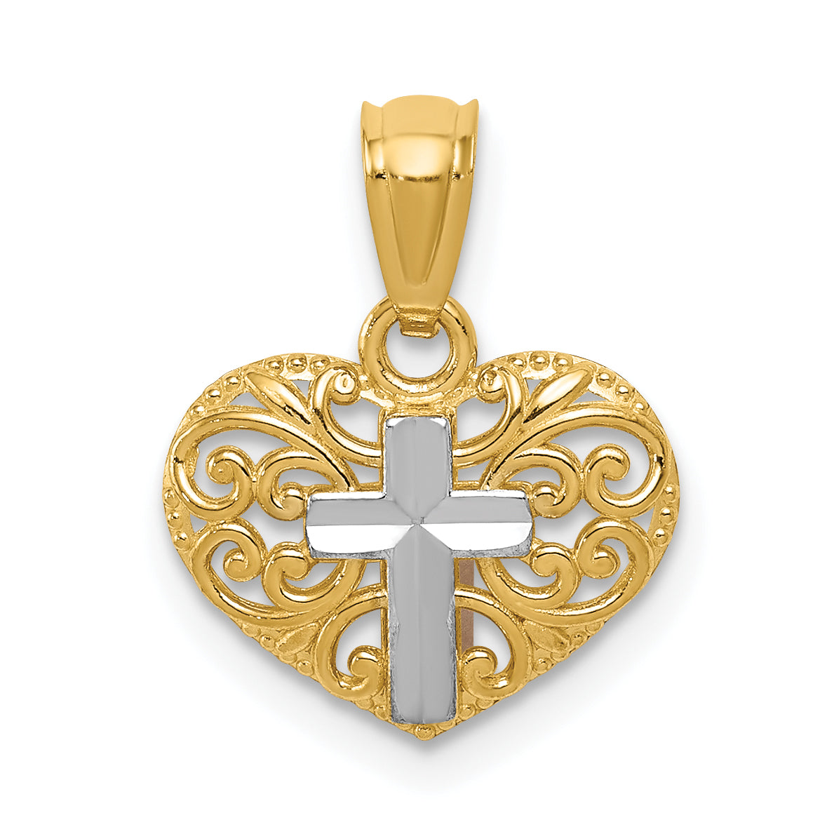 14k w/Rhodium Cross in Heart Pendant