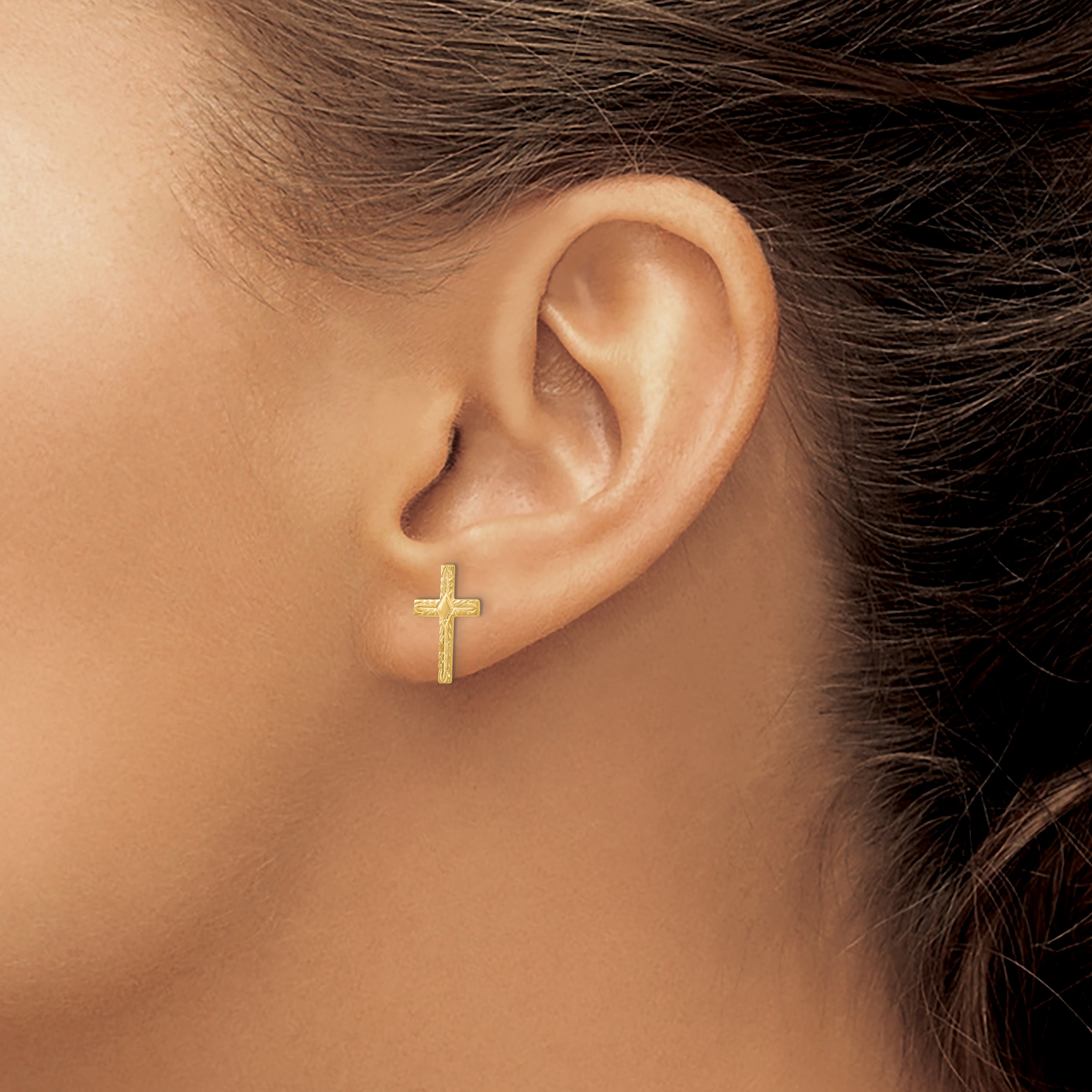 14K Gold Women's Cross Earrings with Polished Textured Finish