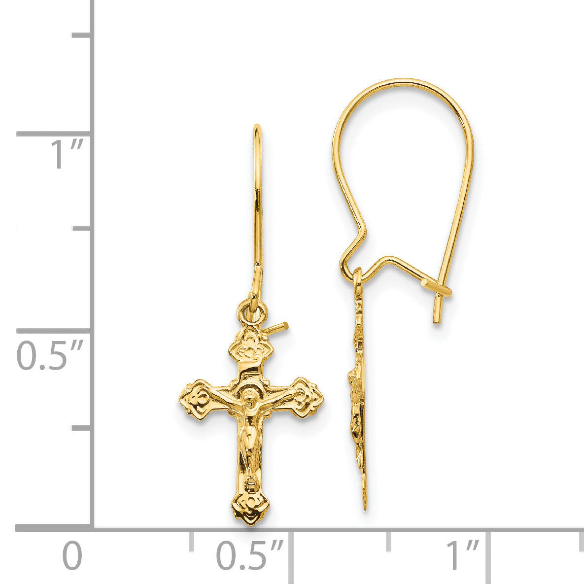 14K Gold Polished Crucifix Earrings with Elegant Dangle Design
