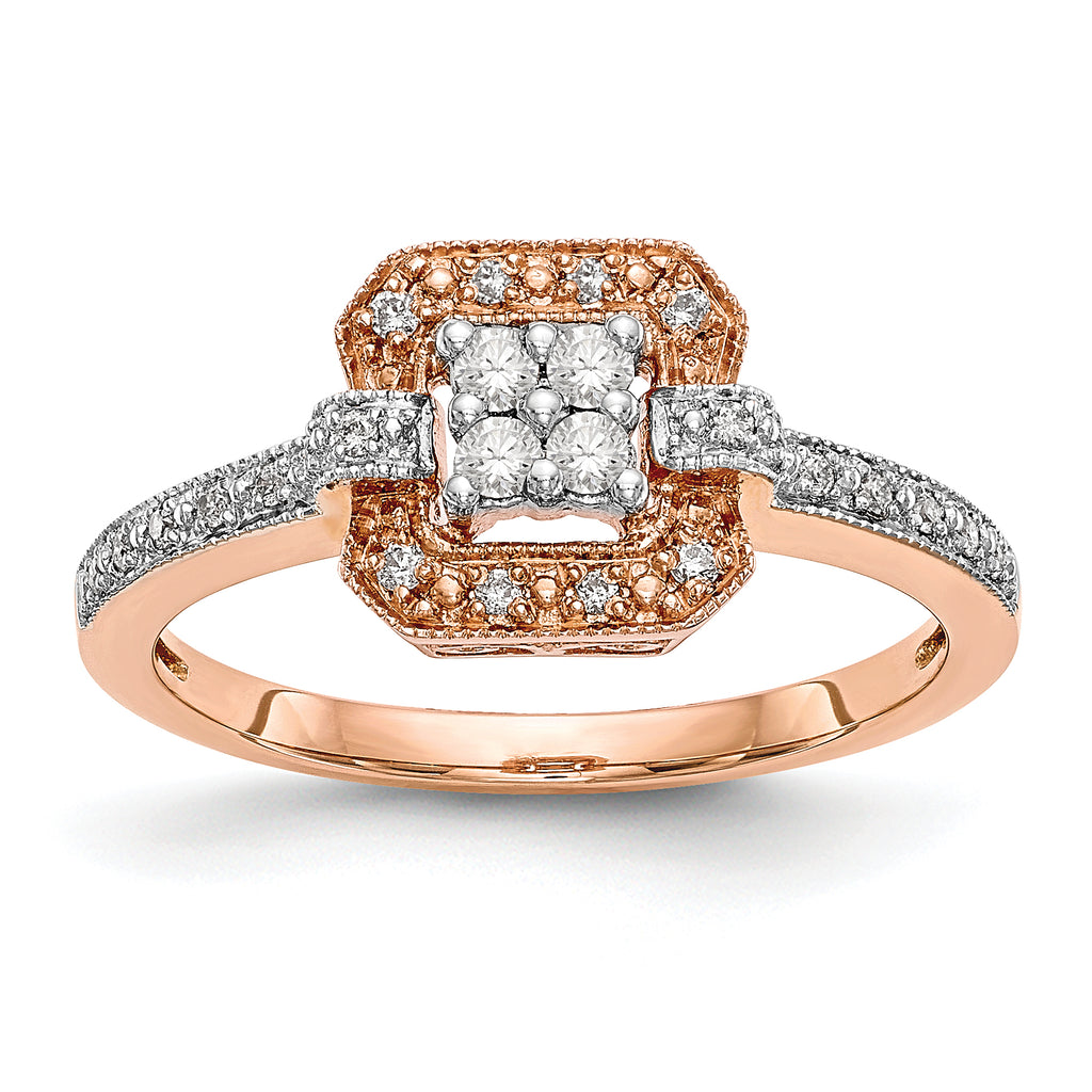 14K Rose Gold Square Cluster 1/5 carat Diamond Complete Engagement Ring