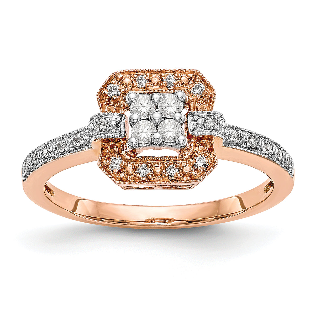 14K Rose Gold Square Cluster 1/5 carat Diamond Complete Engagement Ring