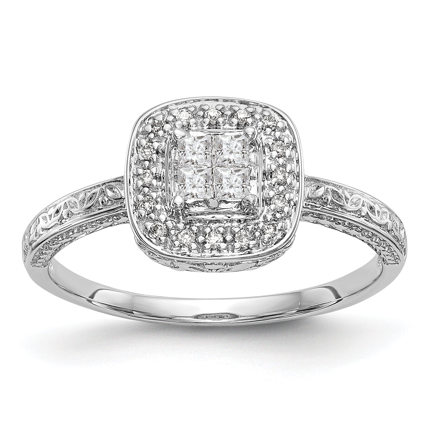 14K White Gold Square Halo Cluster 1/5 carat Princess/Round Diamond Complete Engagement Ring Main image