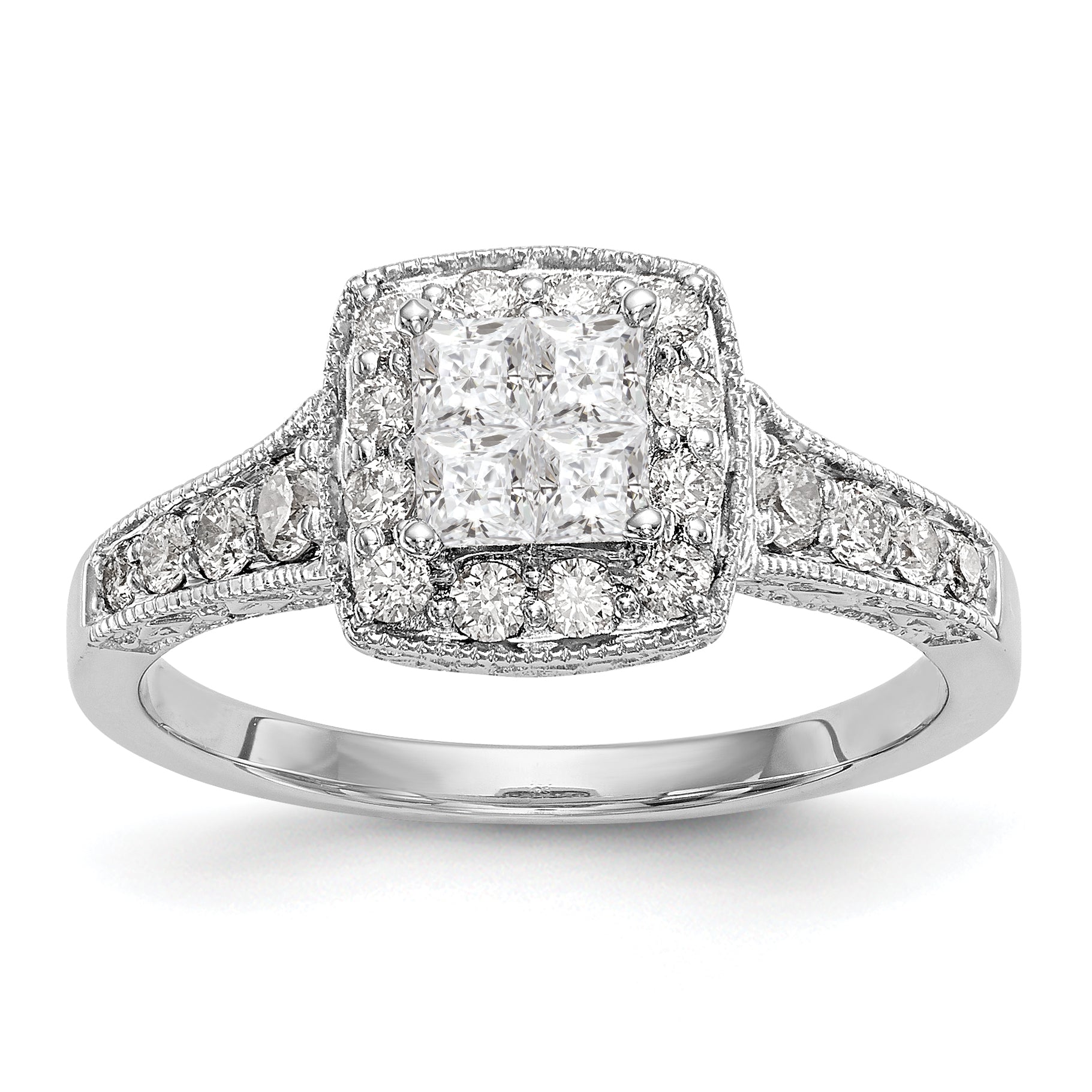 14K White Gold Square Halo Cluster 3/4 carat Princess/Round Diamond Complete Engagement Ring Main image
