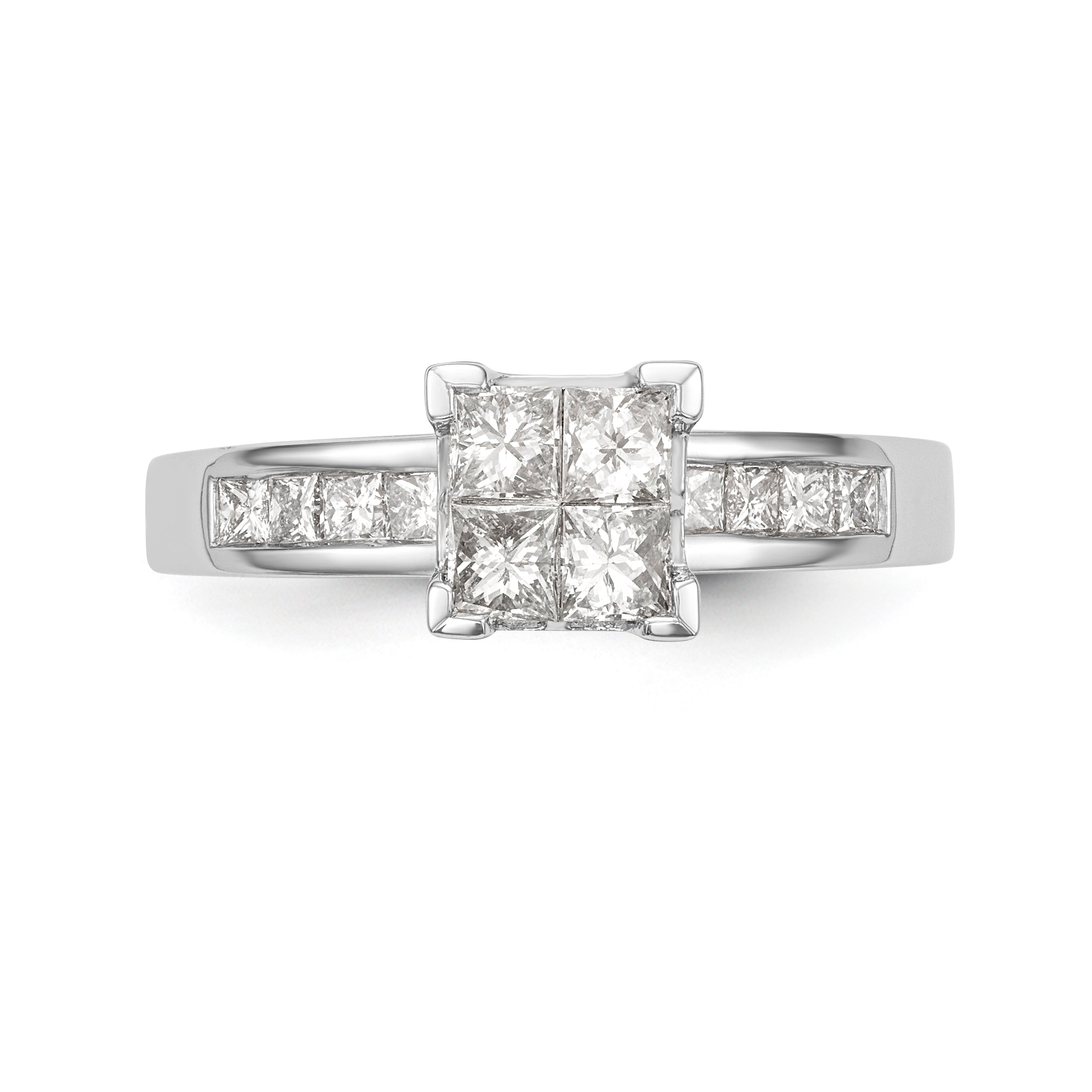 14K White Gold Square Cluster 3/4 carat Princess Diamond Complete Engagement Ring