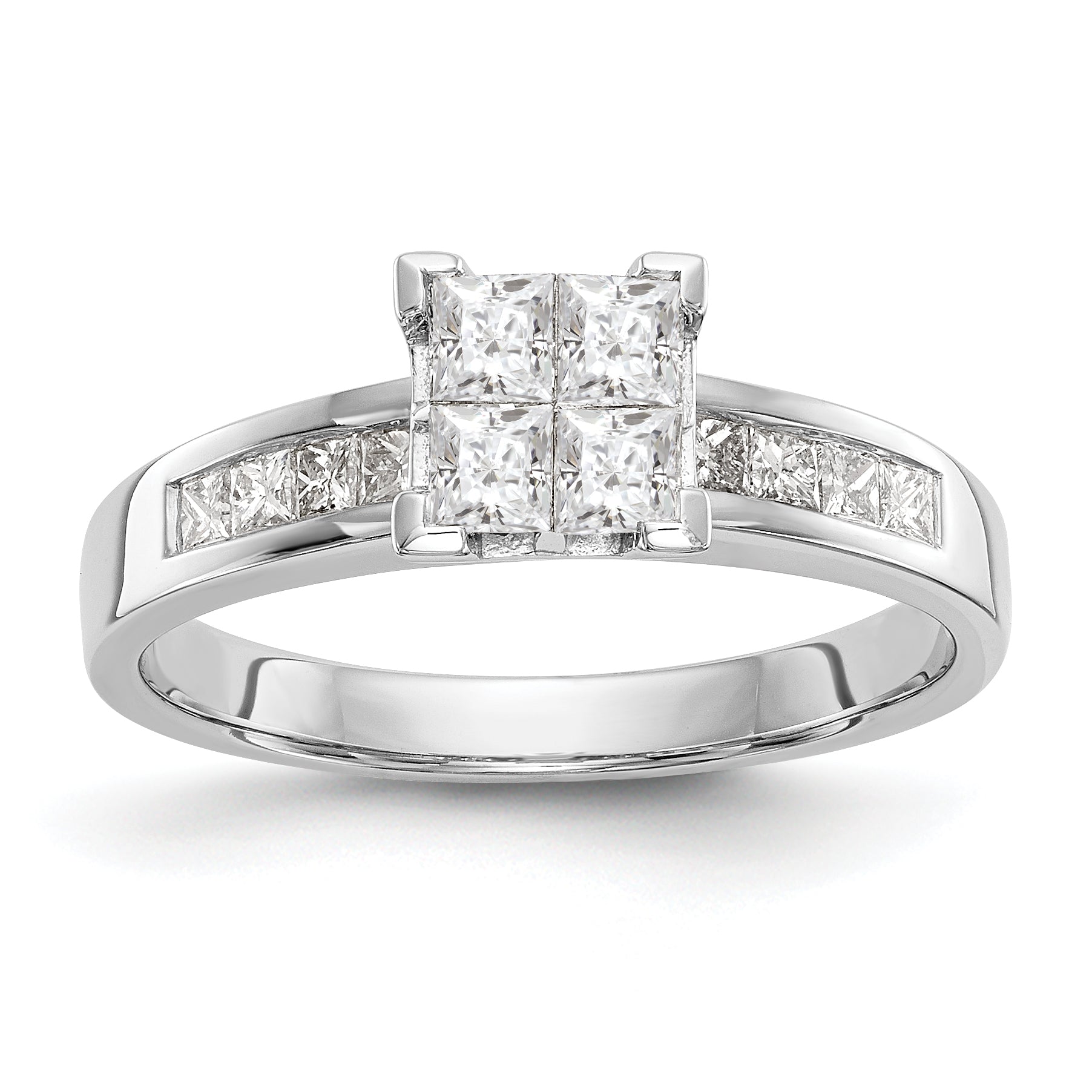 14K White Gold Square Cluster 3/4 carat Princess Diamond Complete Engagement Ring Main image